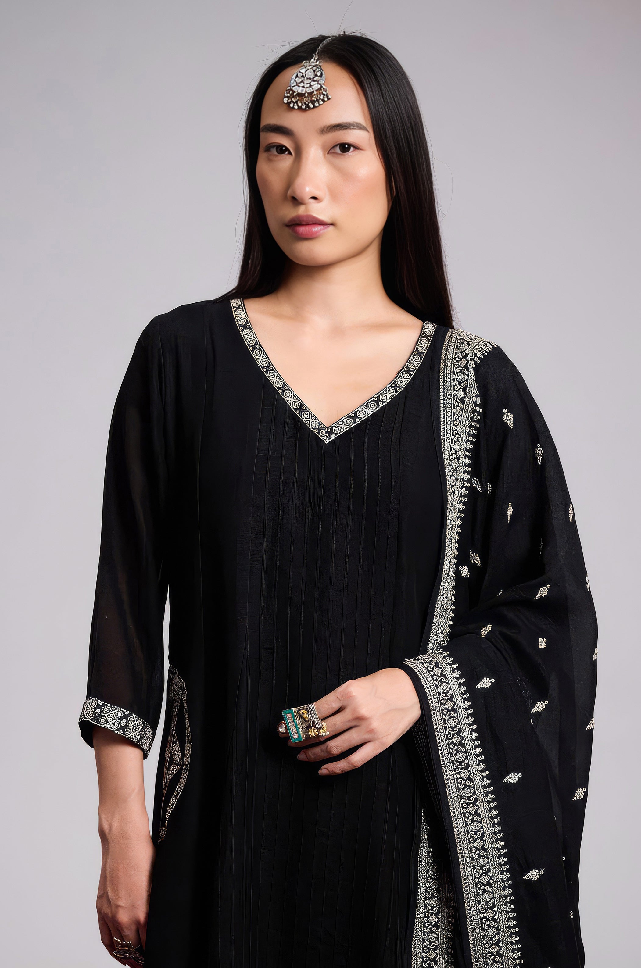 Midnight Black Embellished Chinon Silk Pant Set