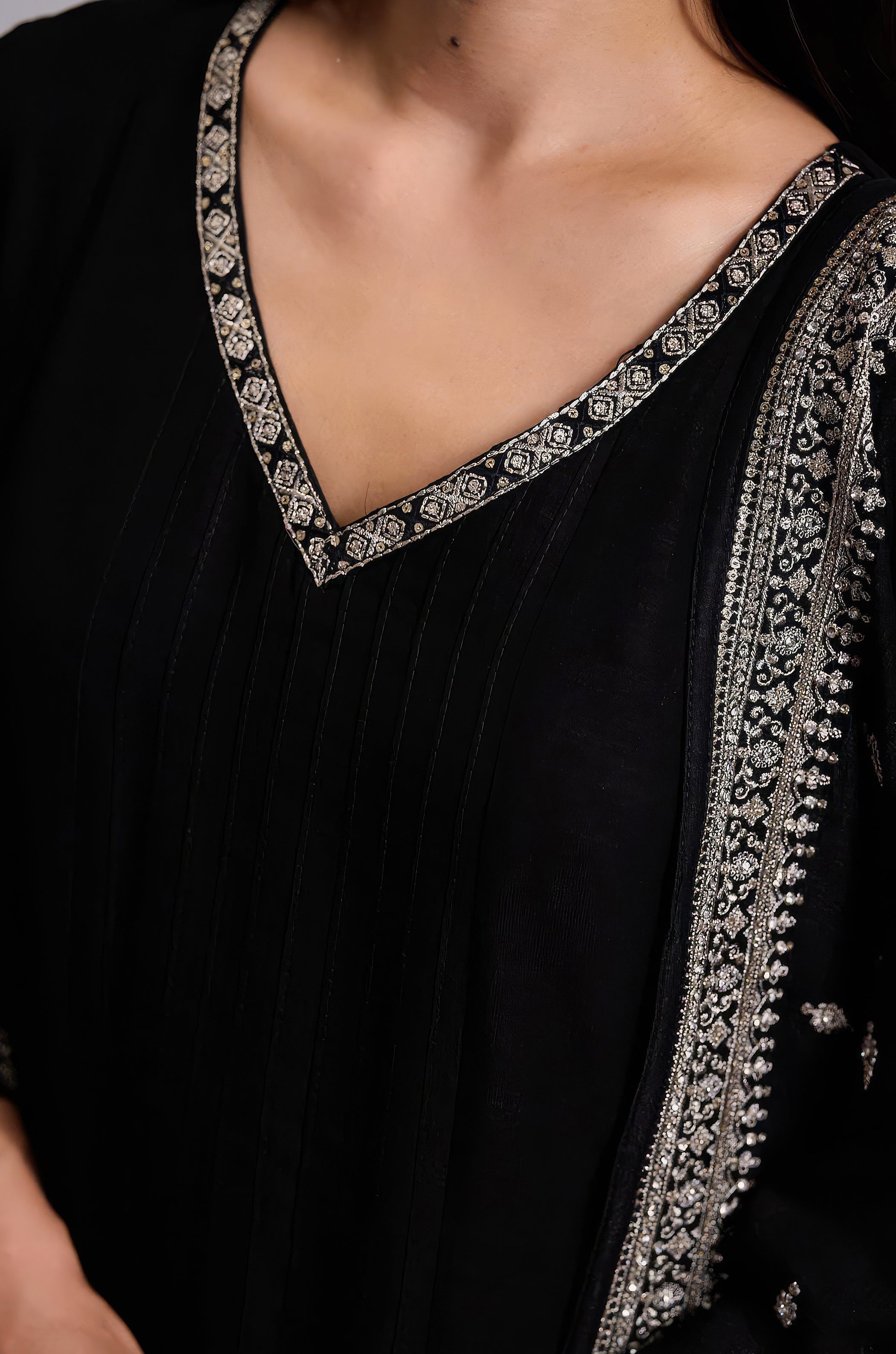 Midnight Black Embellished Chinon Silk Pant Set