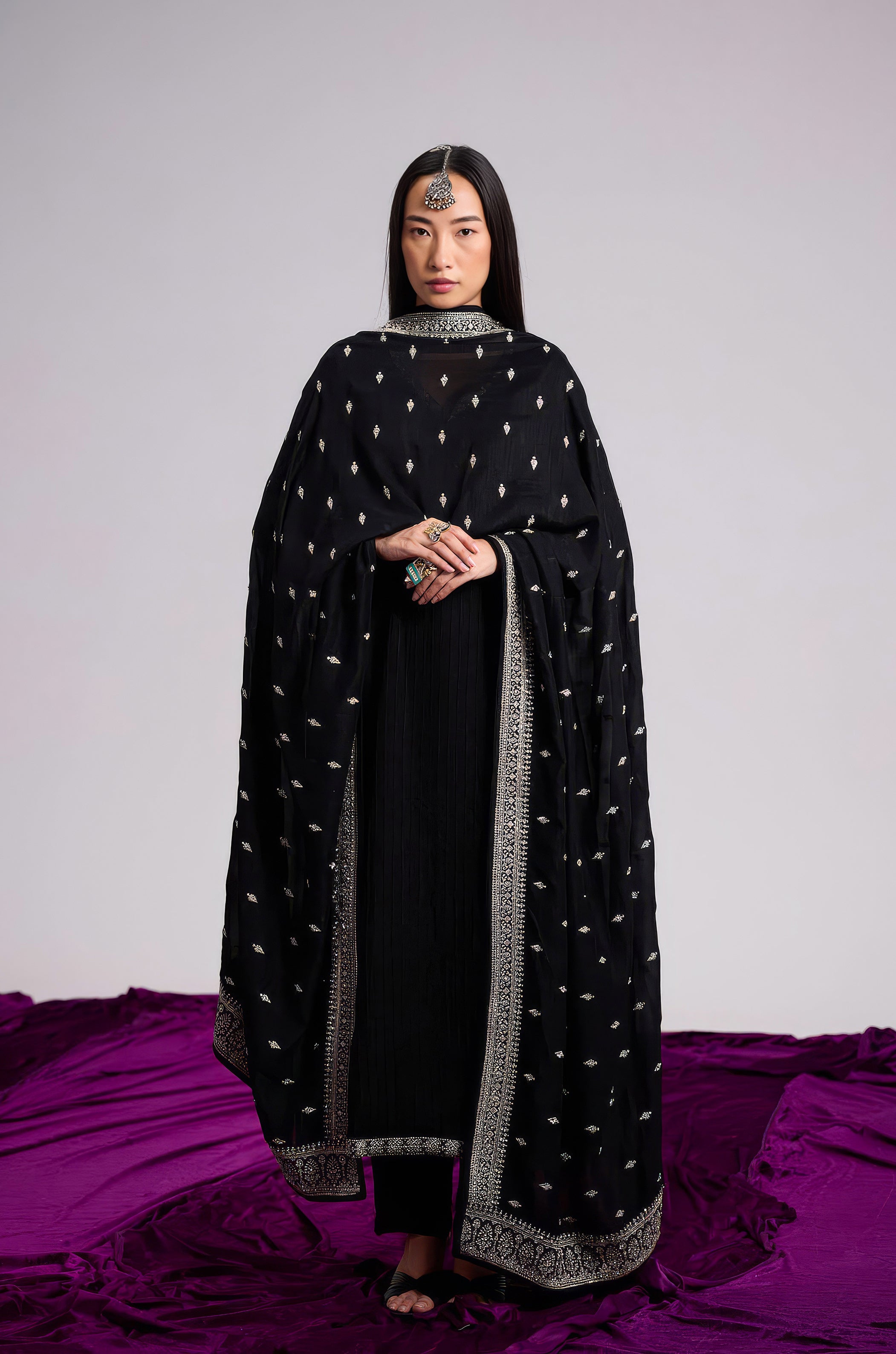 Midnight Black Embellished Chinon Silk Pant Set