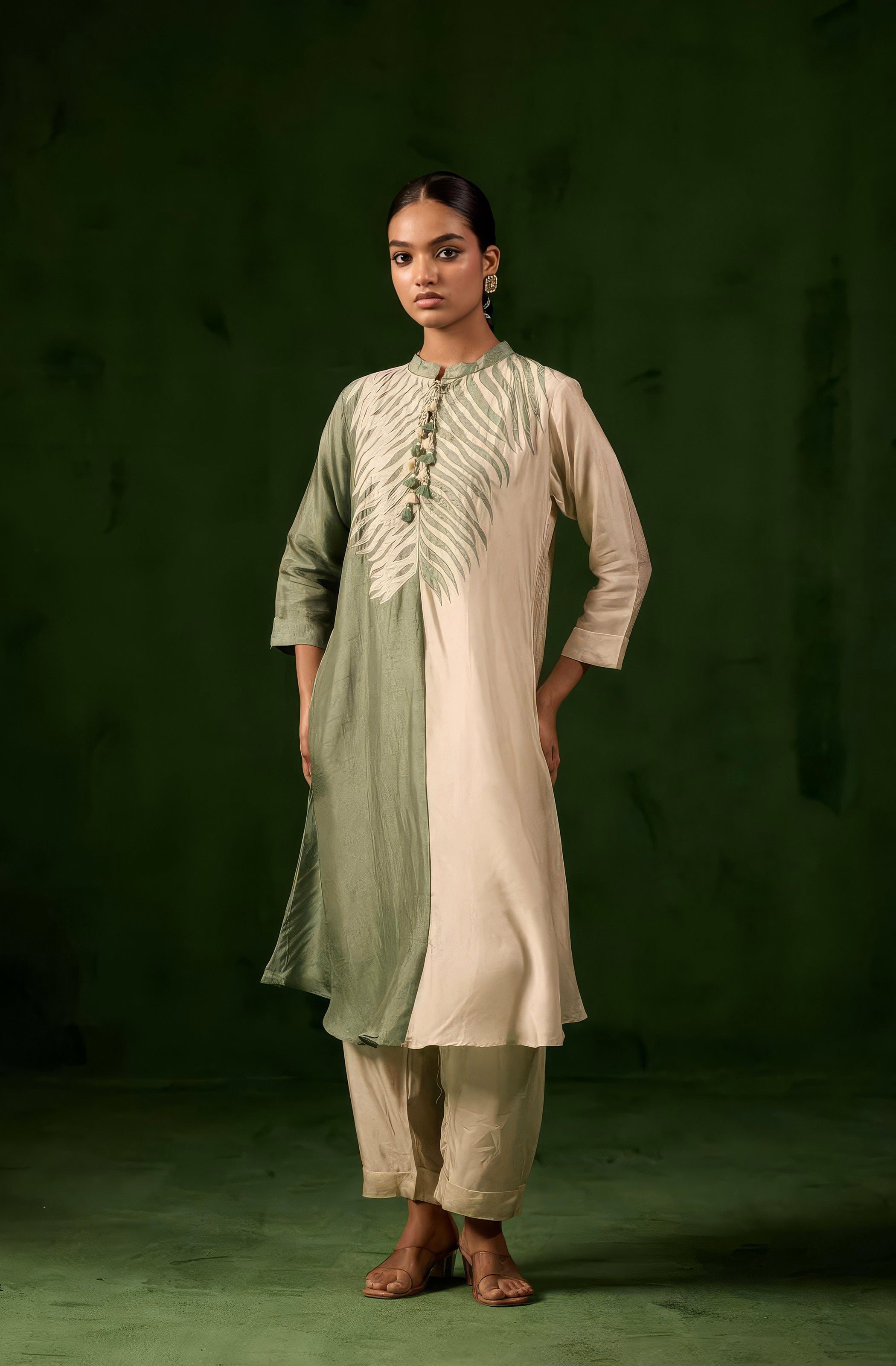 Green & White Embroidered Raw Silk Kurta Set