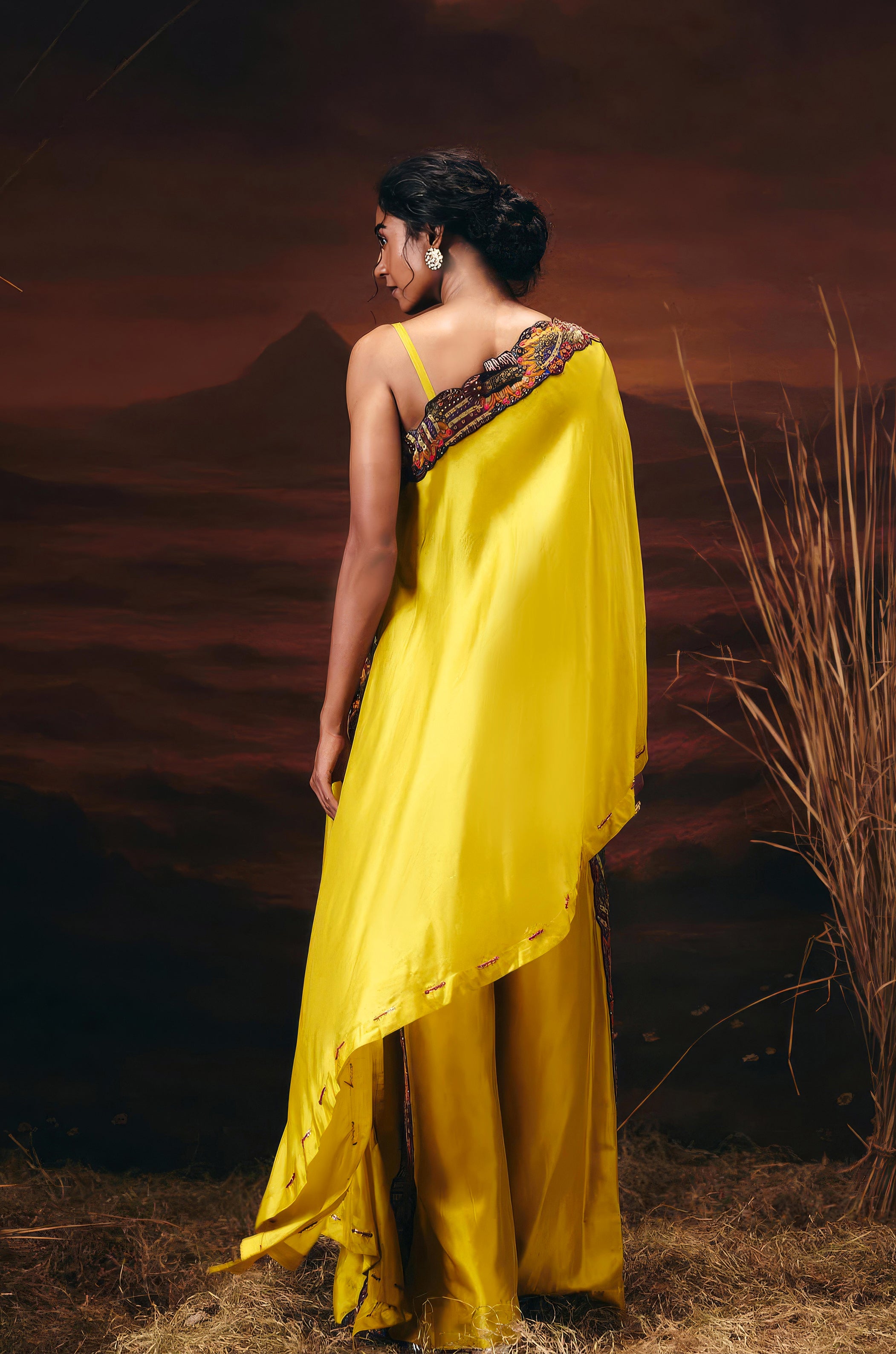 Canary Yellow Embellished Chinon Silk Tunic Set