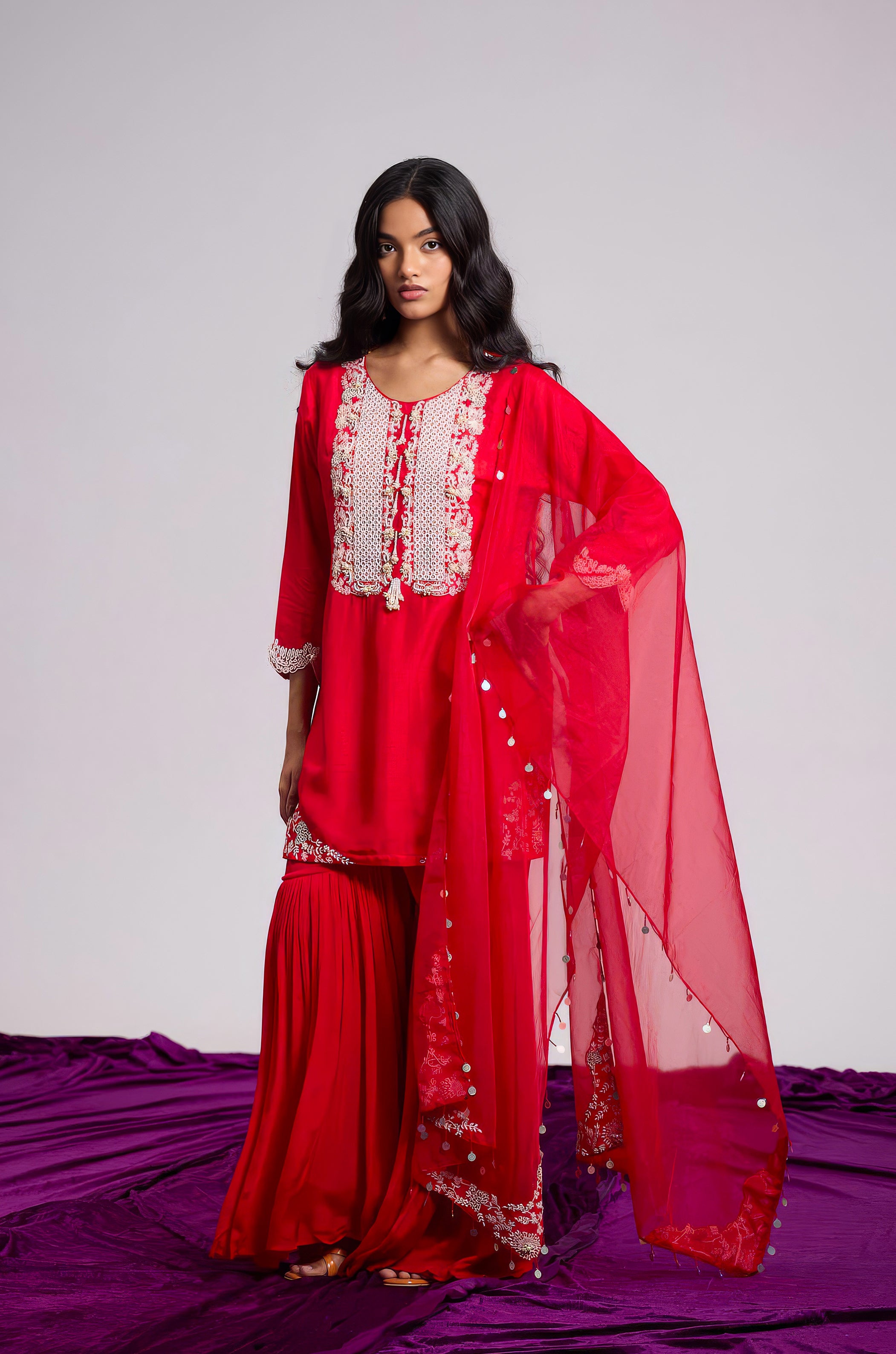 Ruby Red Embellished Raw Silk Sharara Set
