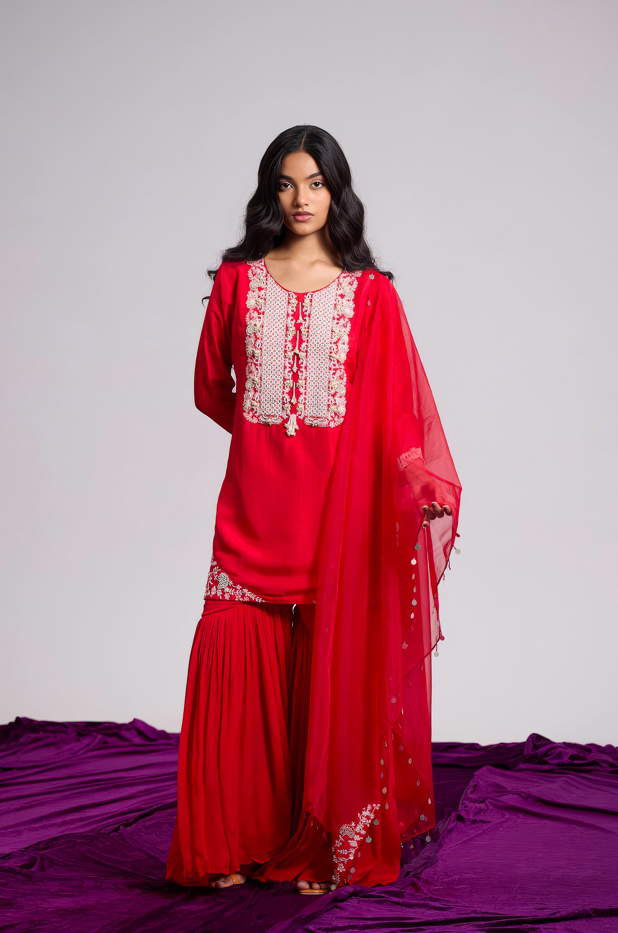 Ruby Red Embellished Raw Silk Sharara Set
