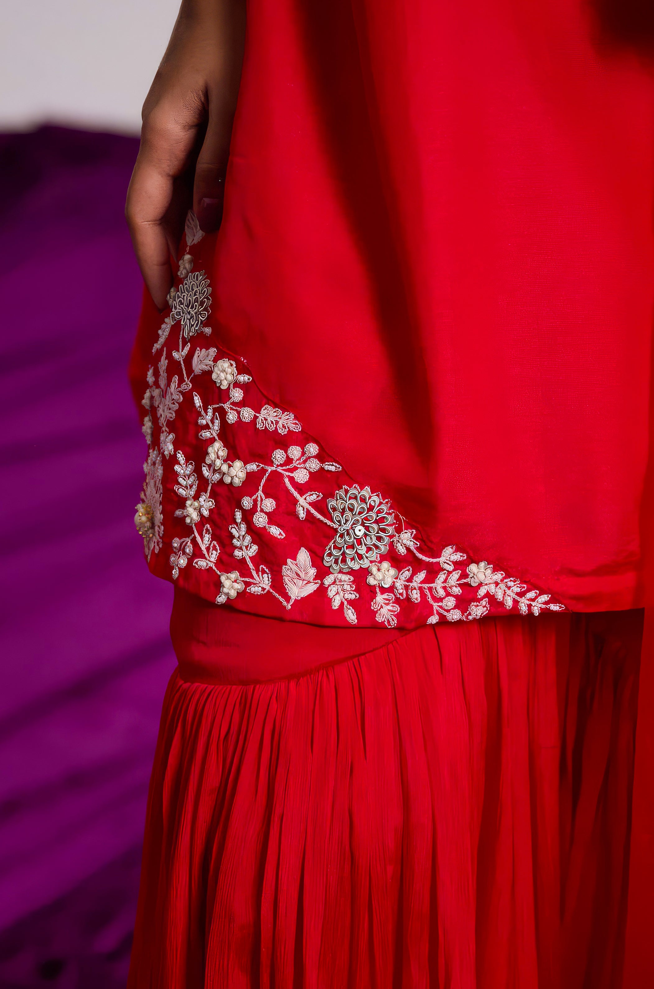 Ruby Red Embellished Raw Silk Sharara Set