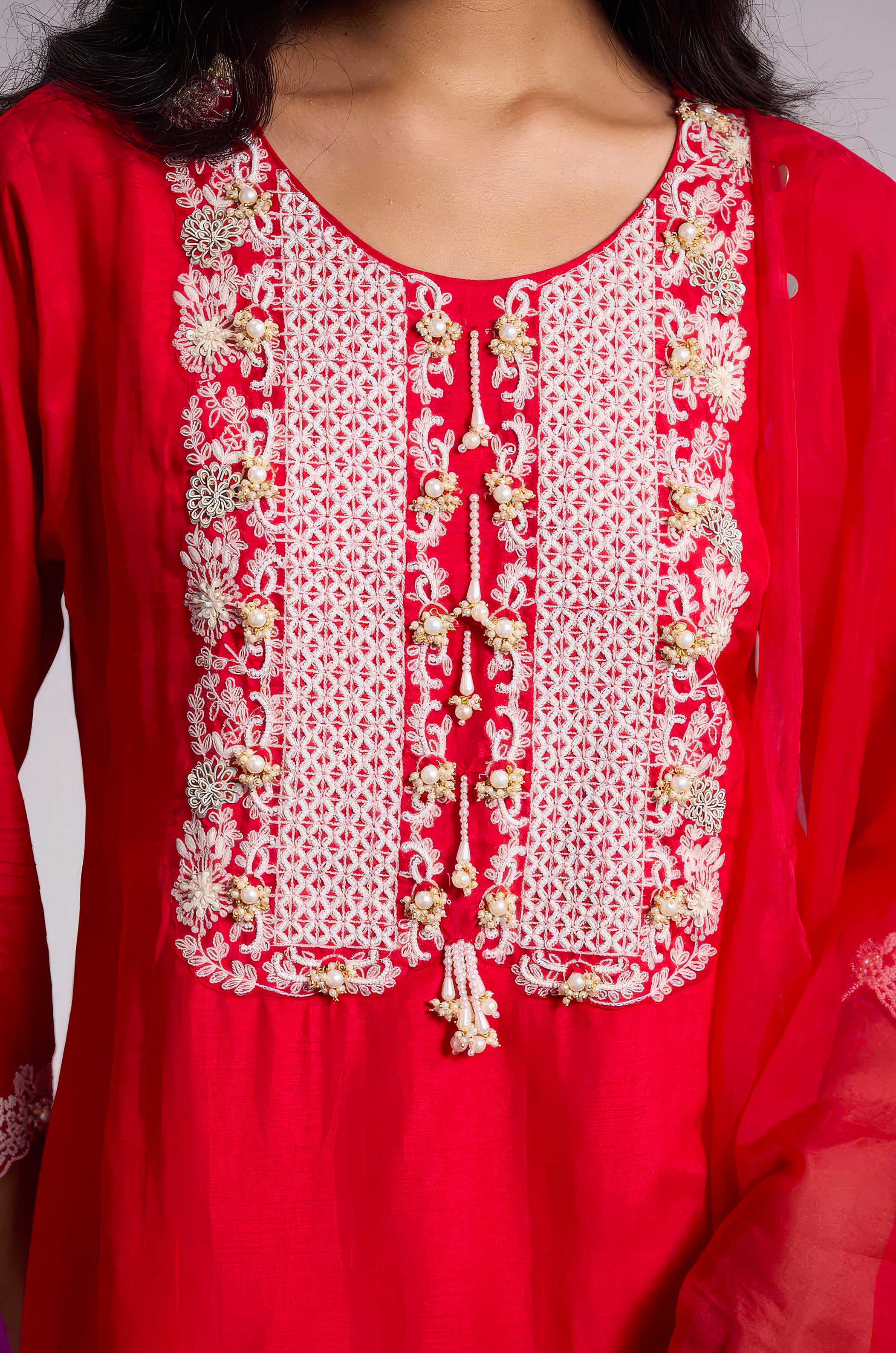 Ruby Red Embellished Raw Silk Sharara Set