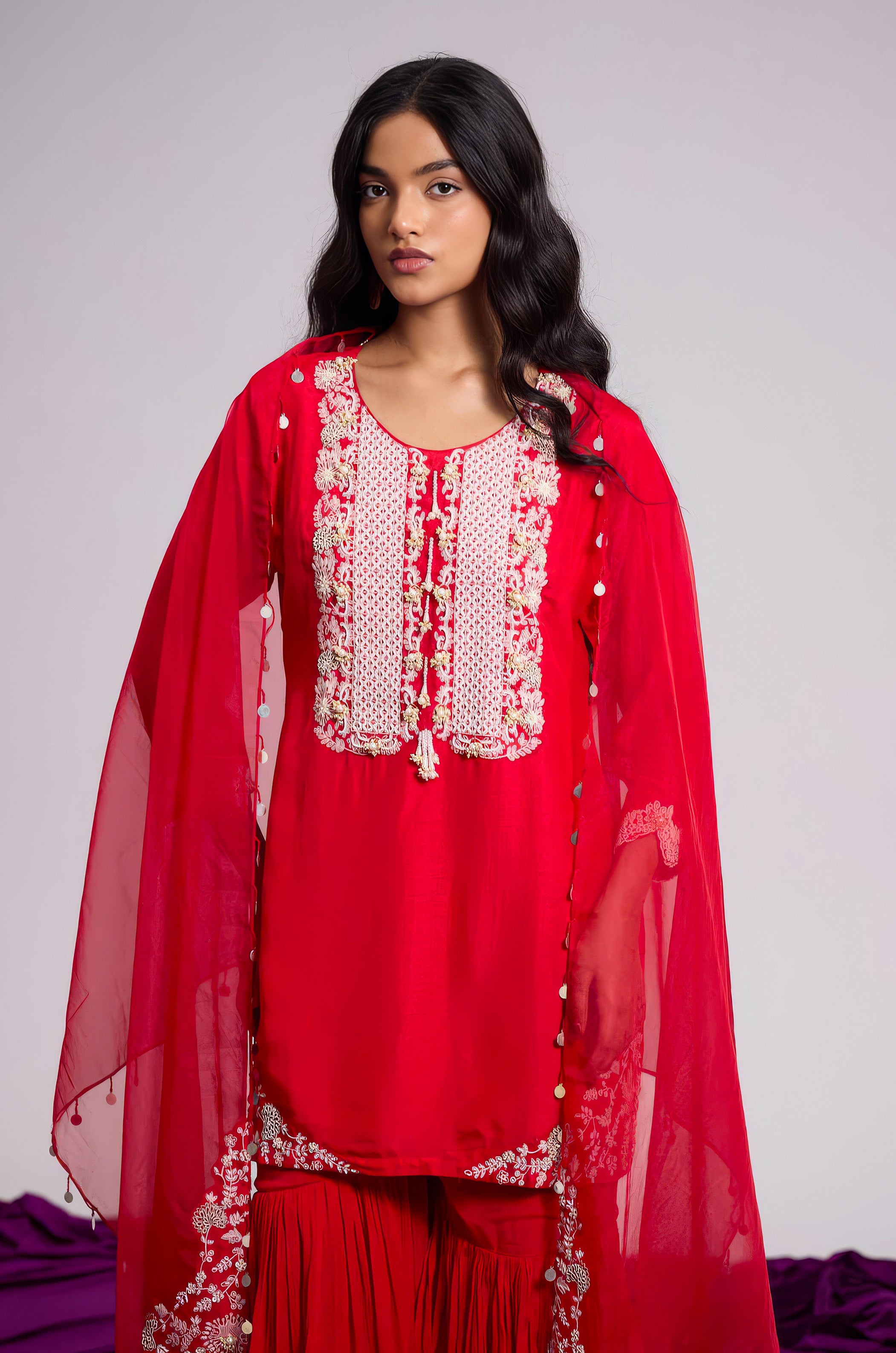 Ruby Red Embellished Raw Silk Sharara Set