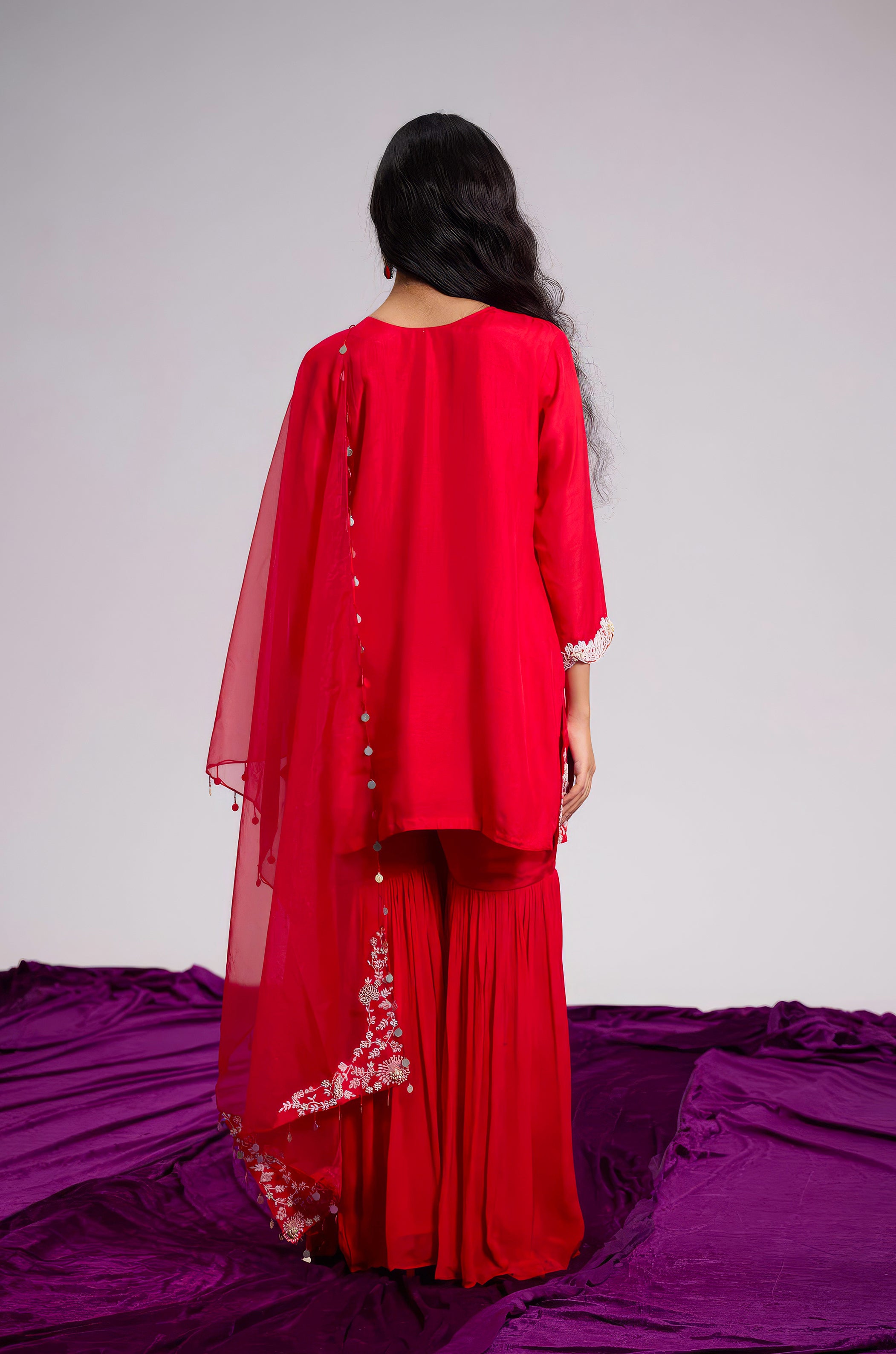 Ruby Red Embellished Raw Silk Sharara Set