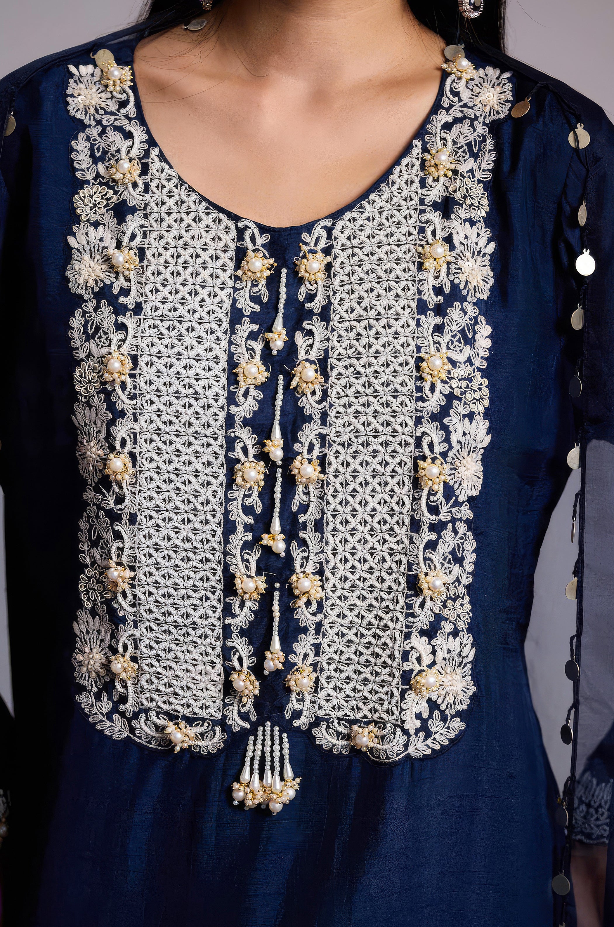 Deep Indigo Embellished Raw Silk Sharara Set