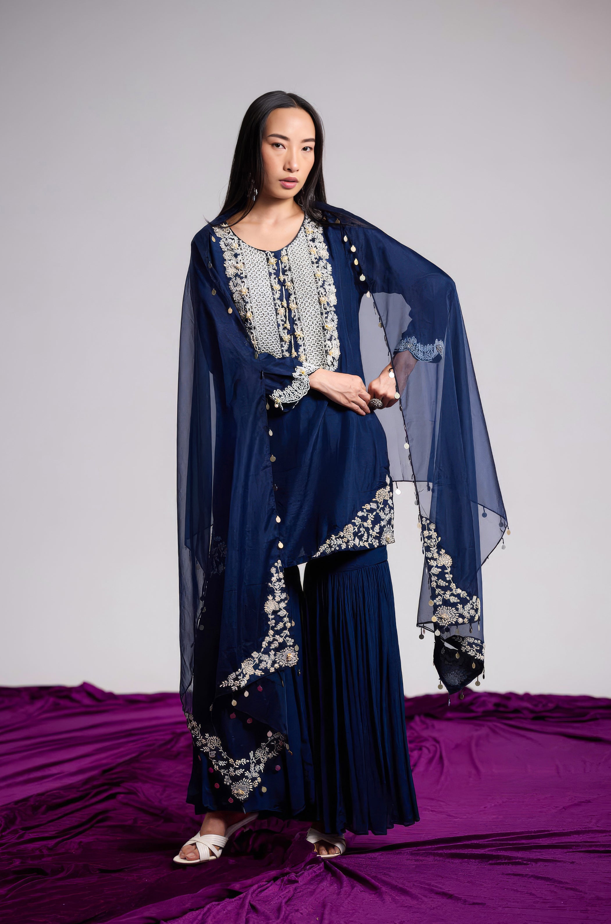 Deep Indigo Embellished Raw Silk Sharara Set