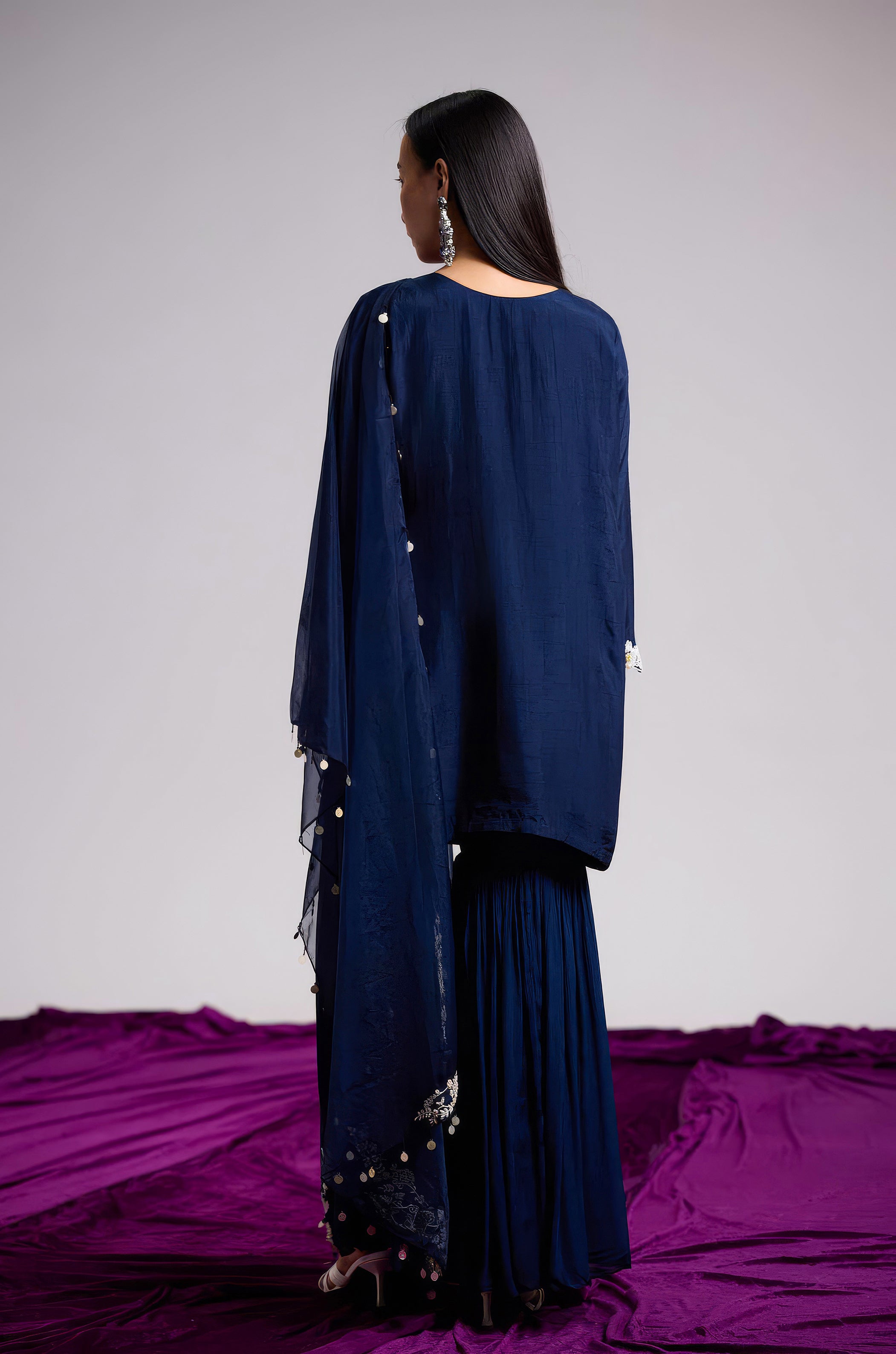 Deep Indigo Embellished Raw Silk Sharara Set