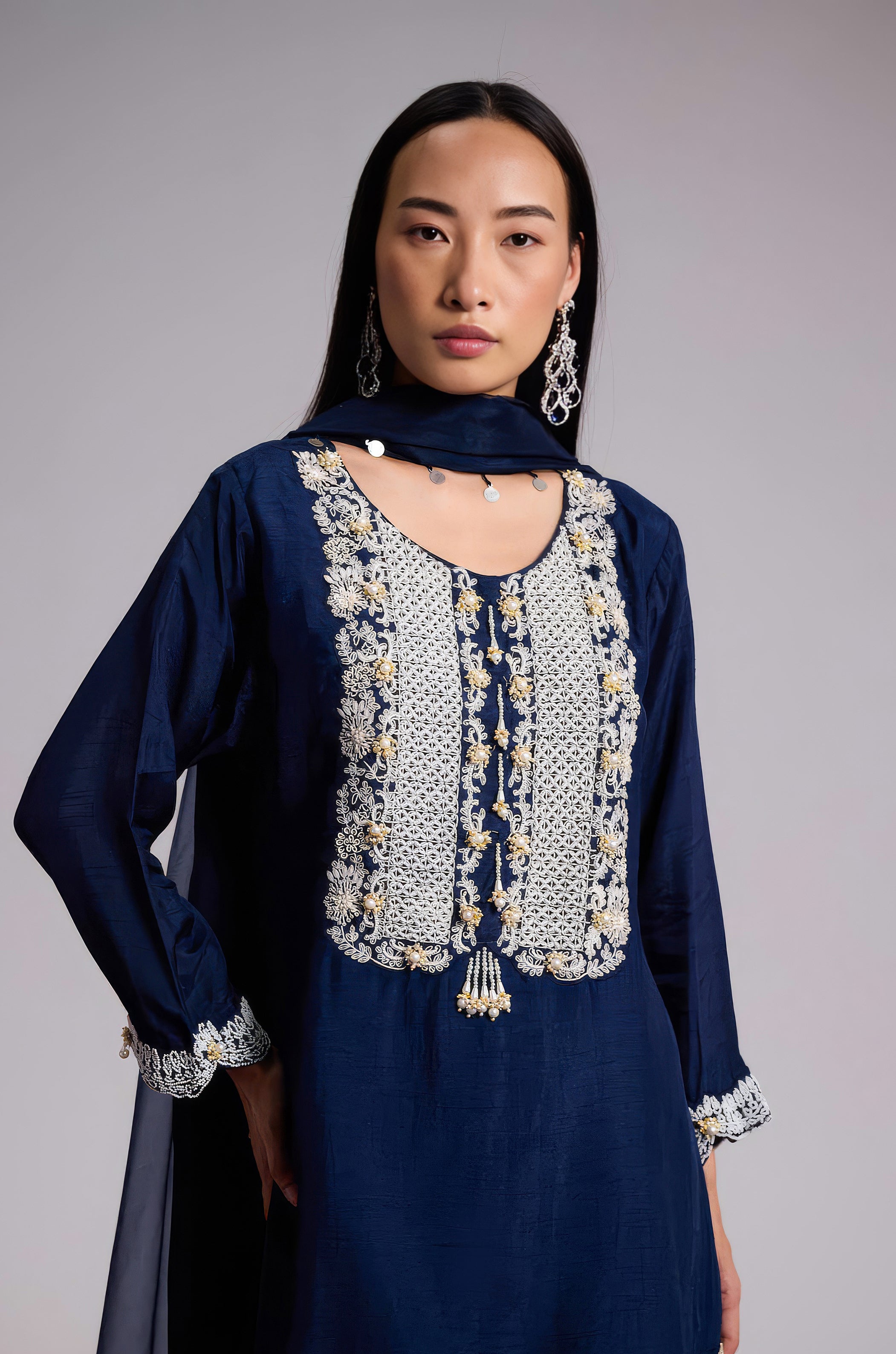 Deep Indigo Embellished Raw Silk Sharara Set