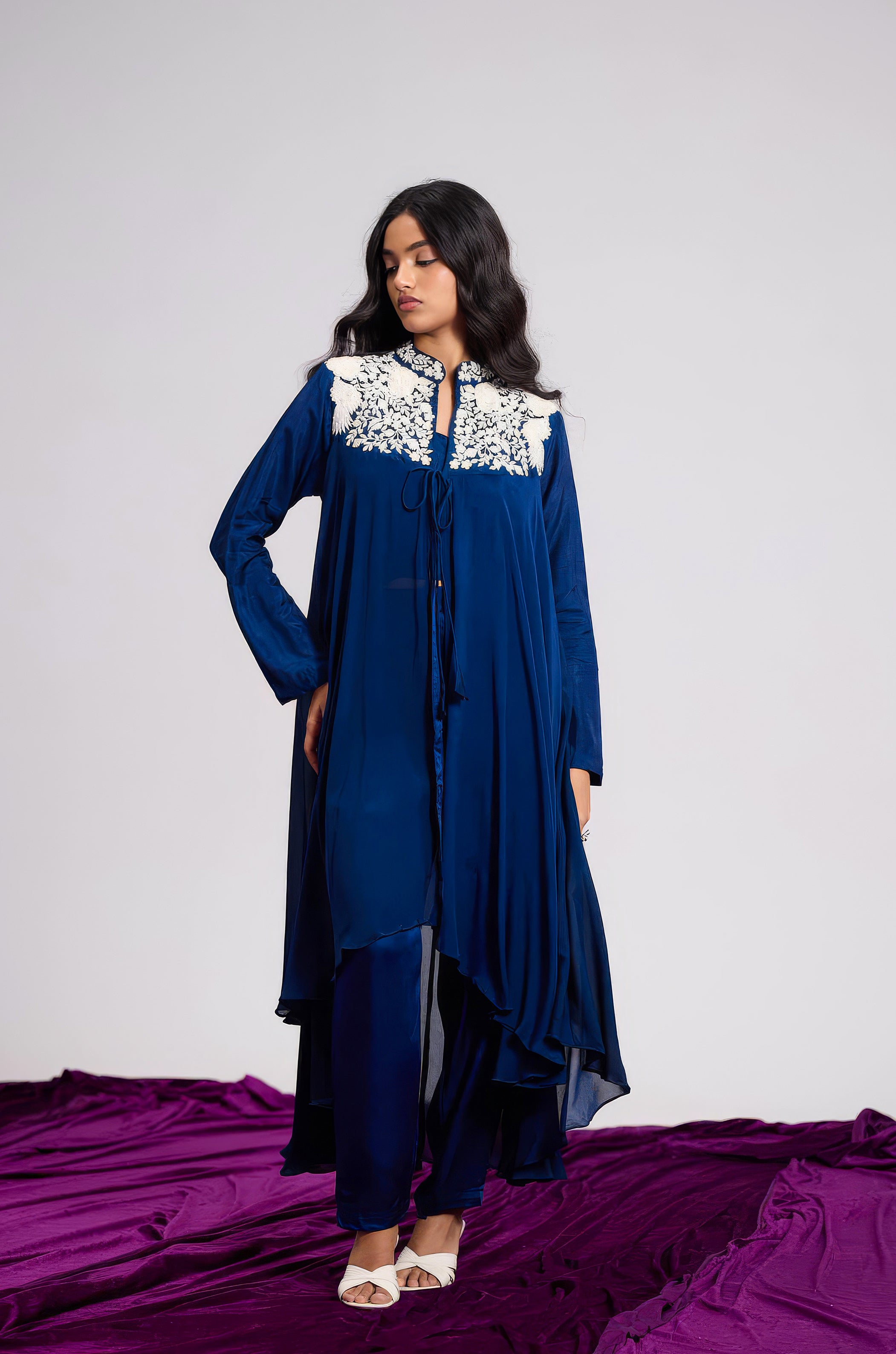 Deep Blue Embroidered Chinon Silk Co-Ord Set