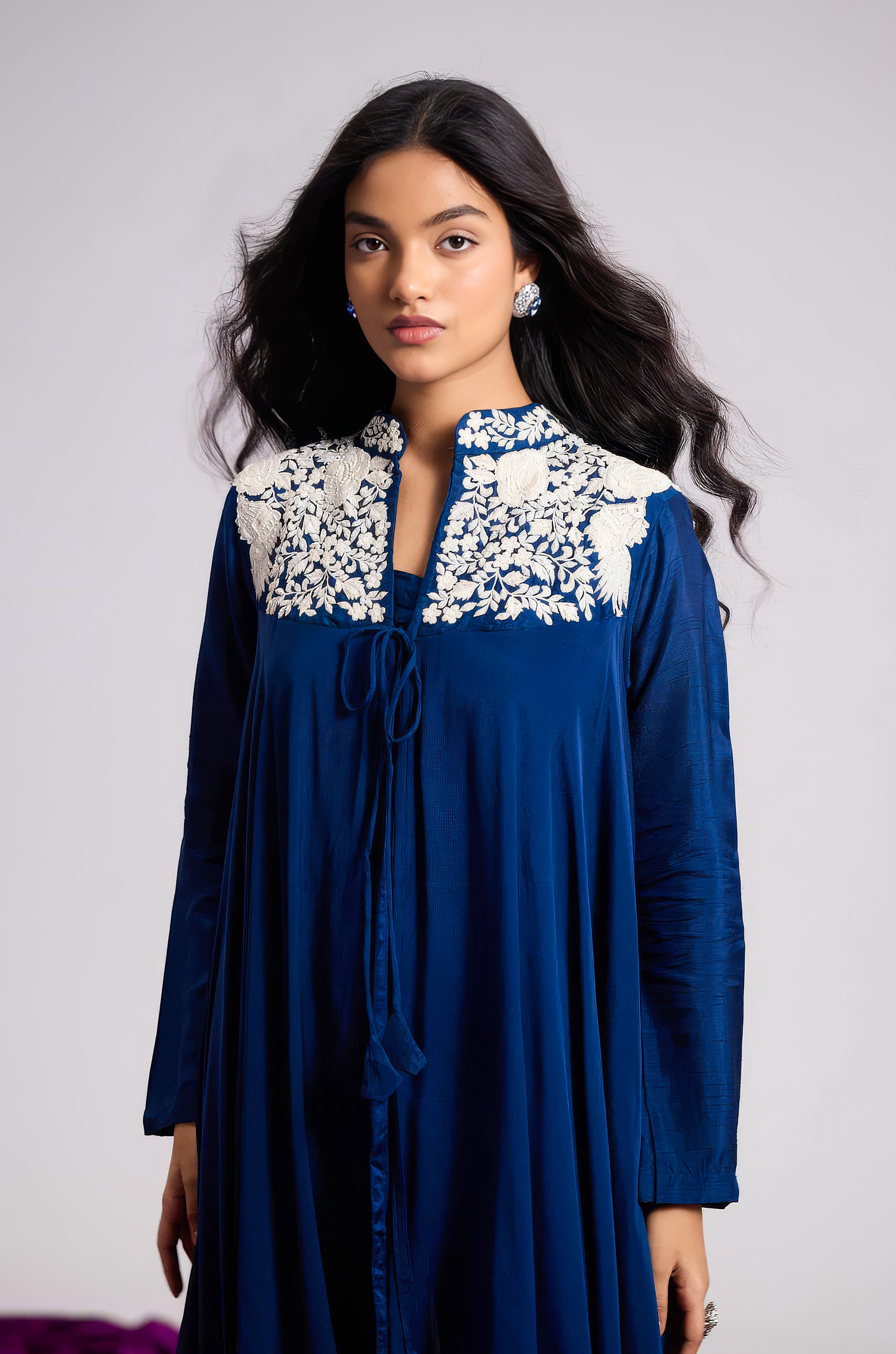 Deep Blue Embroidered Chinon Silk Co-Ord Set