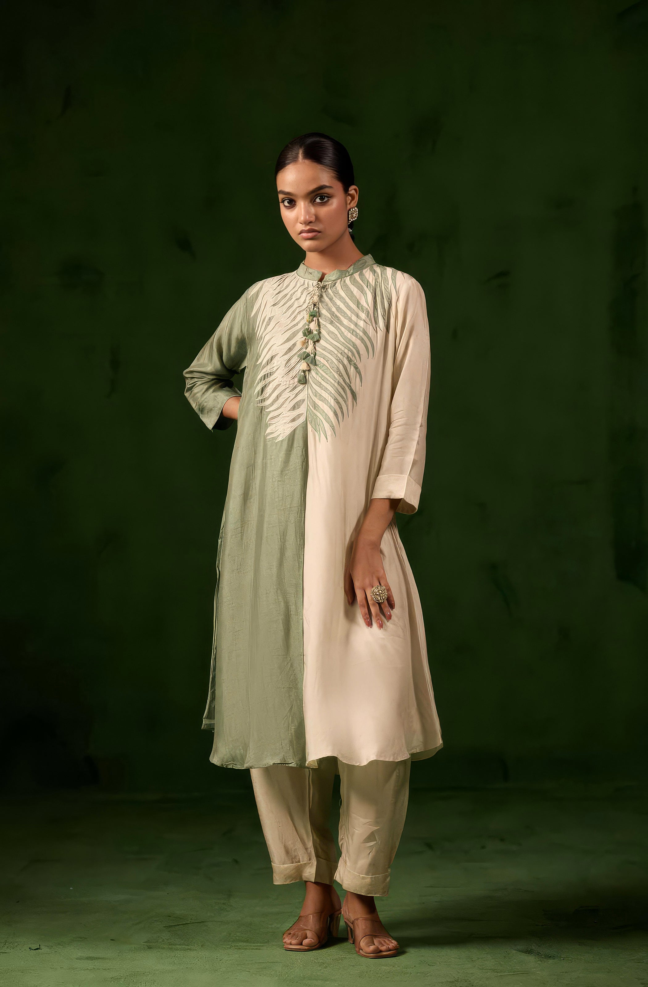 Green & White Embroidered Raw Silk Kurta Set