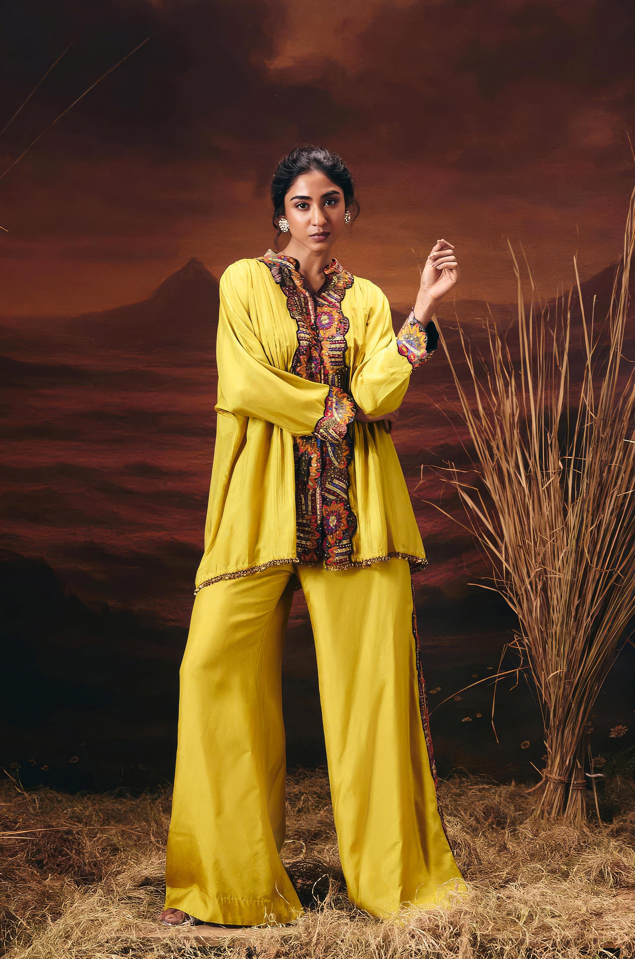 Mustard Yellow Embellished Chinon Silk Kaftan Set