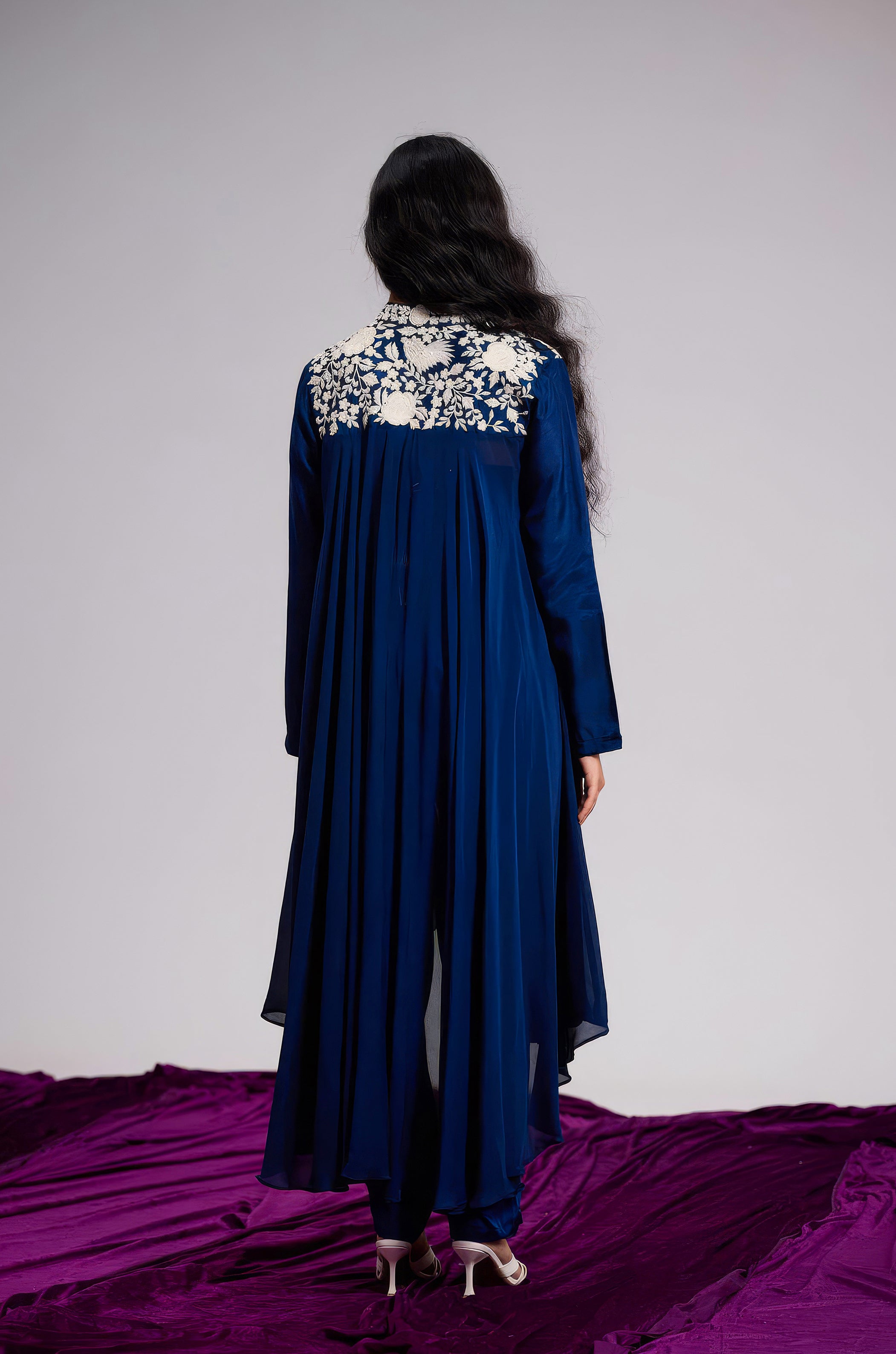 Deep Blue Embroidered Chinon Silk Co-Ord Set