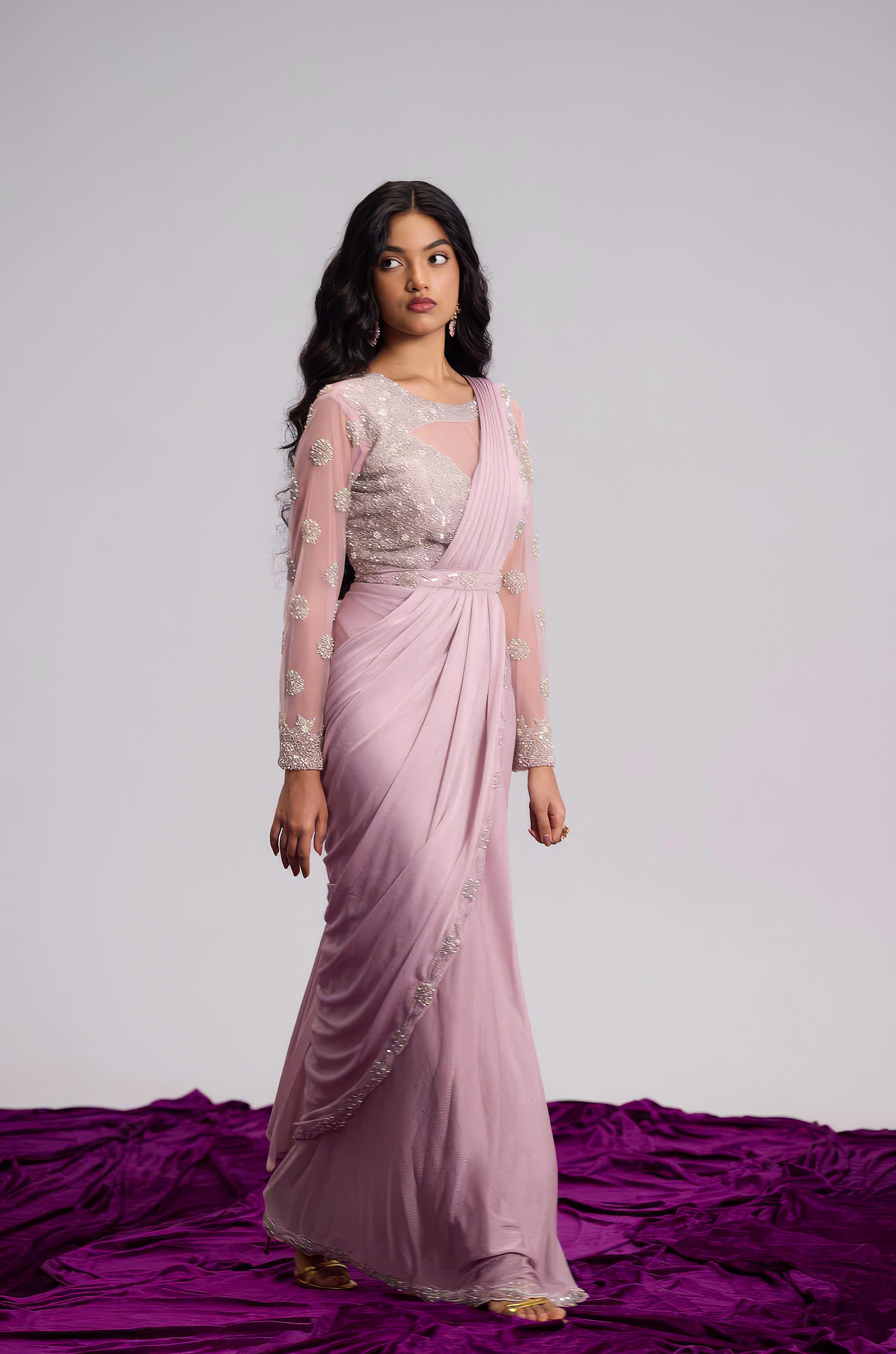 Light Pink Embellished Shimmer Lycra Silk Draped Saree
