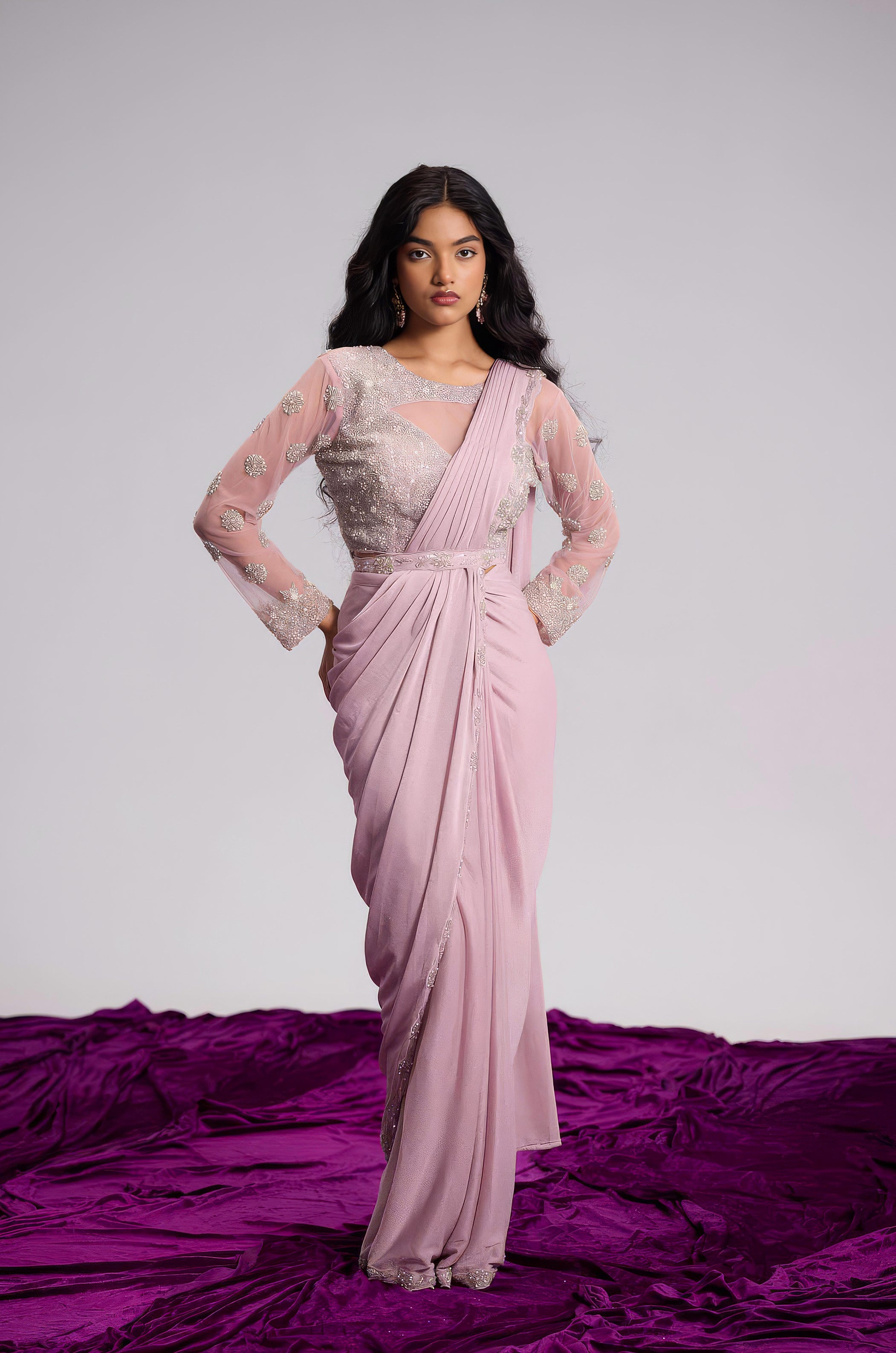 Light Pink Embellished Shimmer Lycra Silk Draped Saree