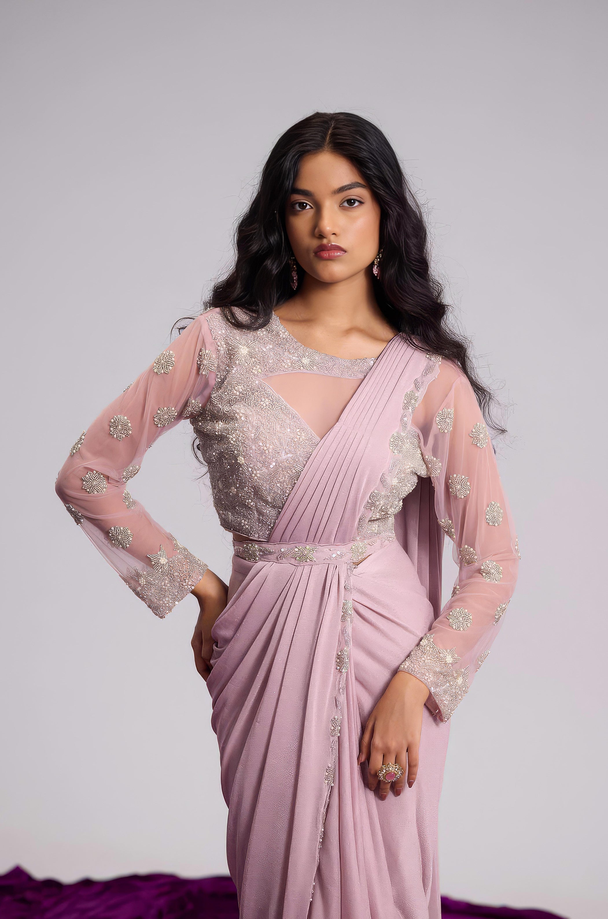 Light Pink Embellished Shimmer Lycra Silk Draped Saree