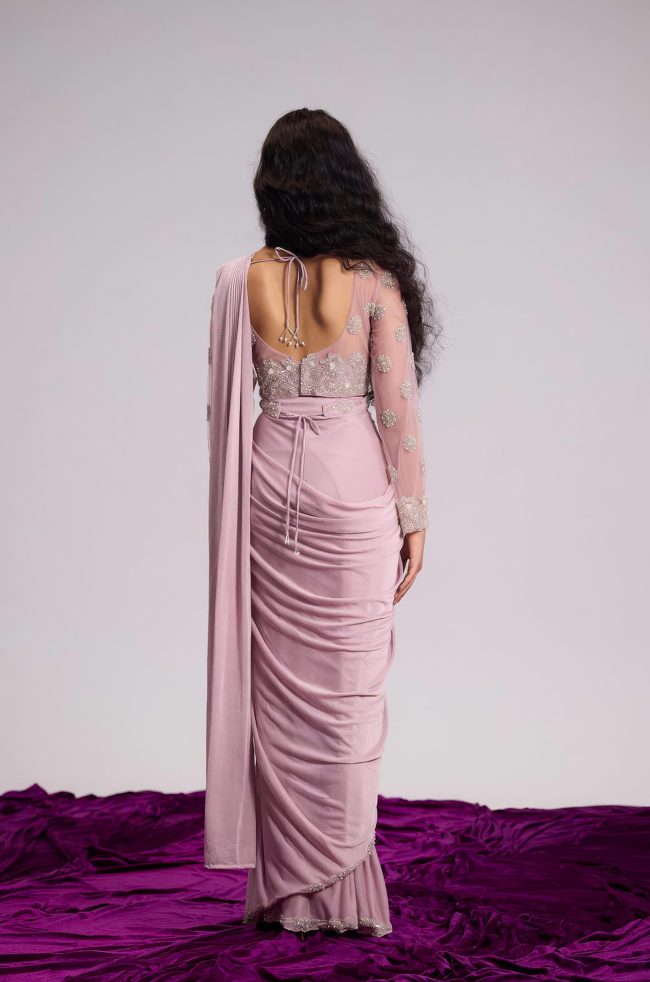 Light Pink Embellished Shimmer Lycra Silk Draped Saree