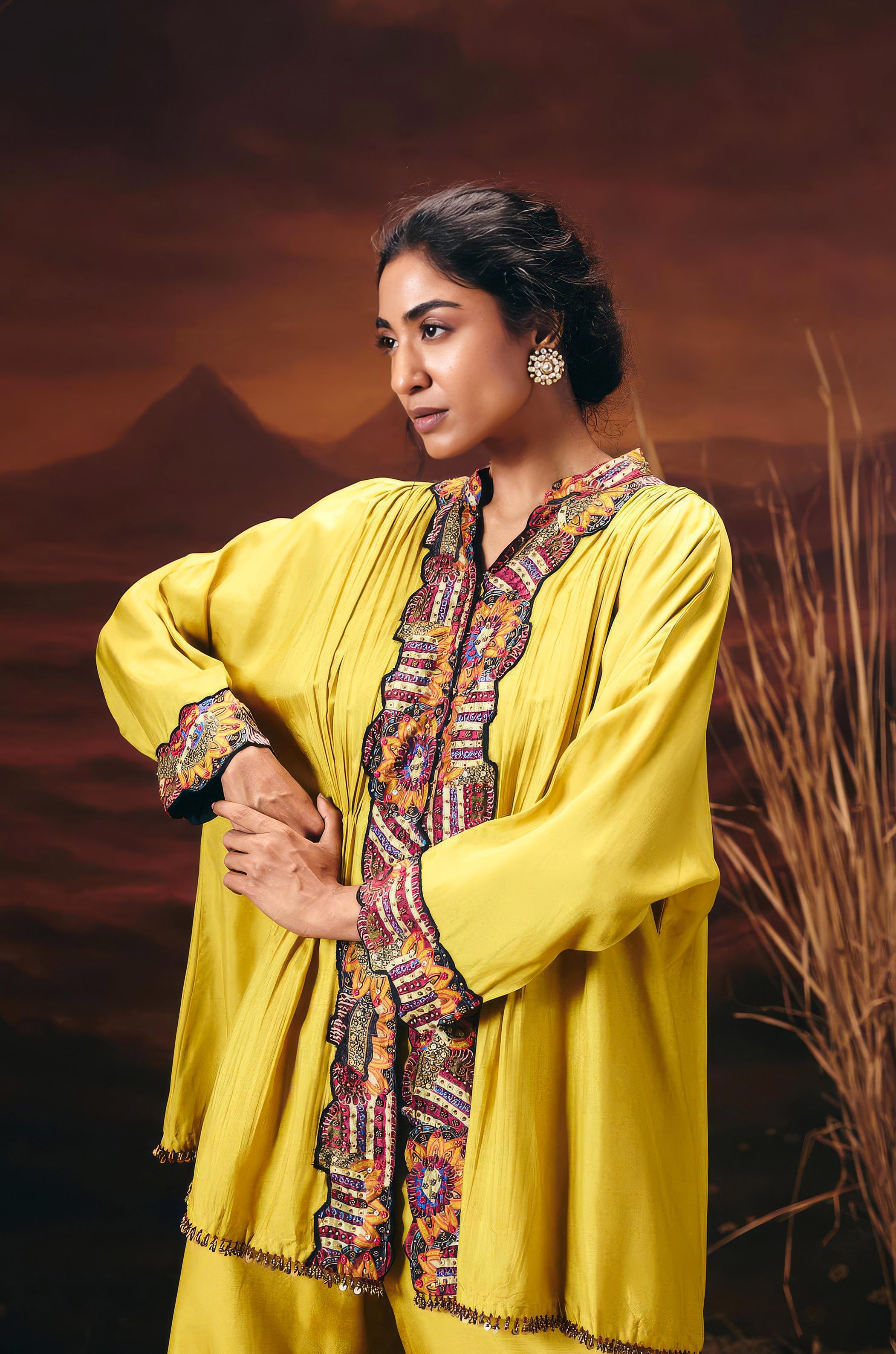 Mustard Yellow Embellished Chinon Silk Kaftan Set