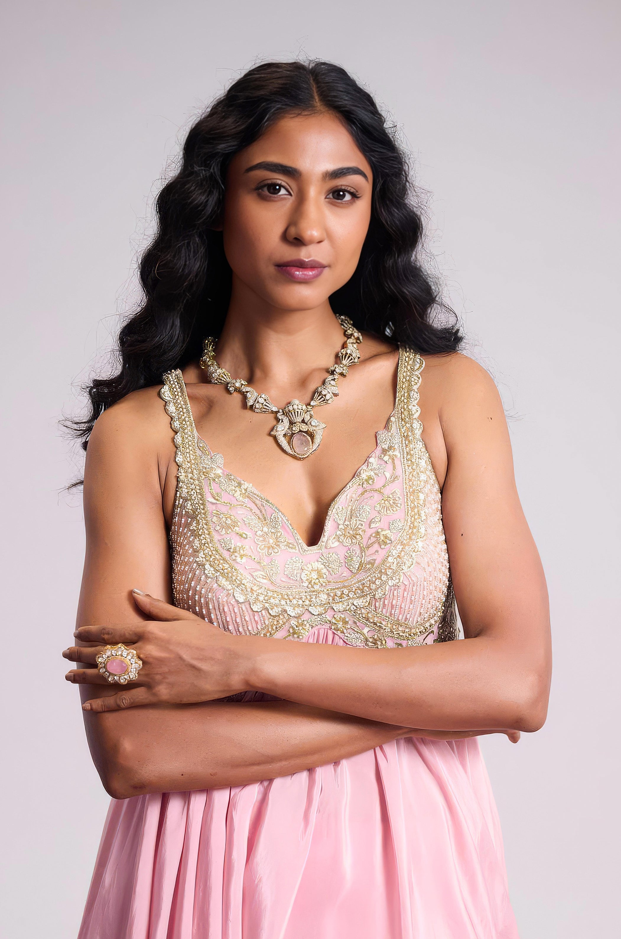 Petal Pink Embellished Satin Silk palazzo Set