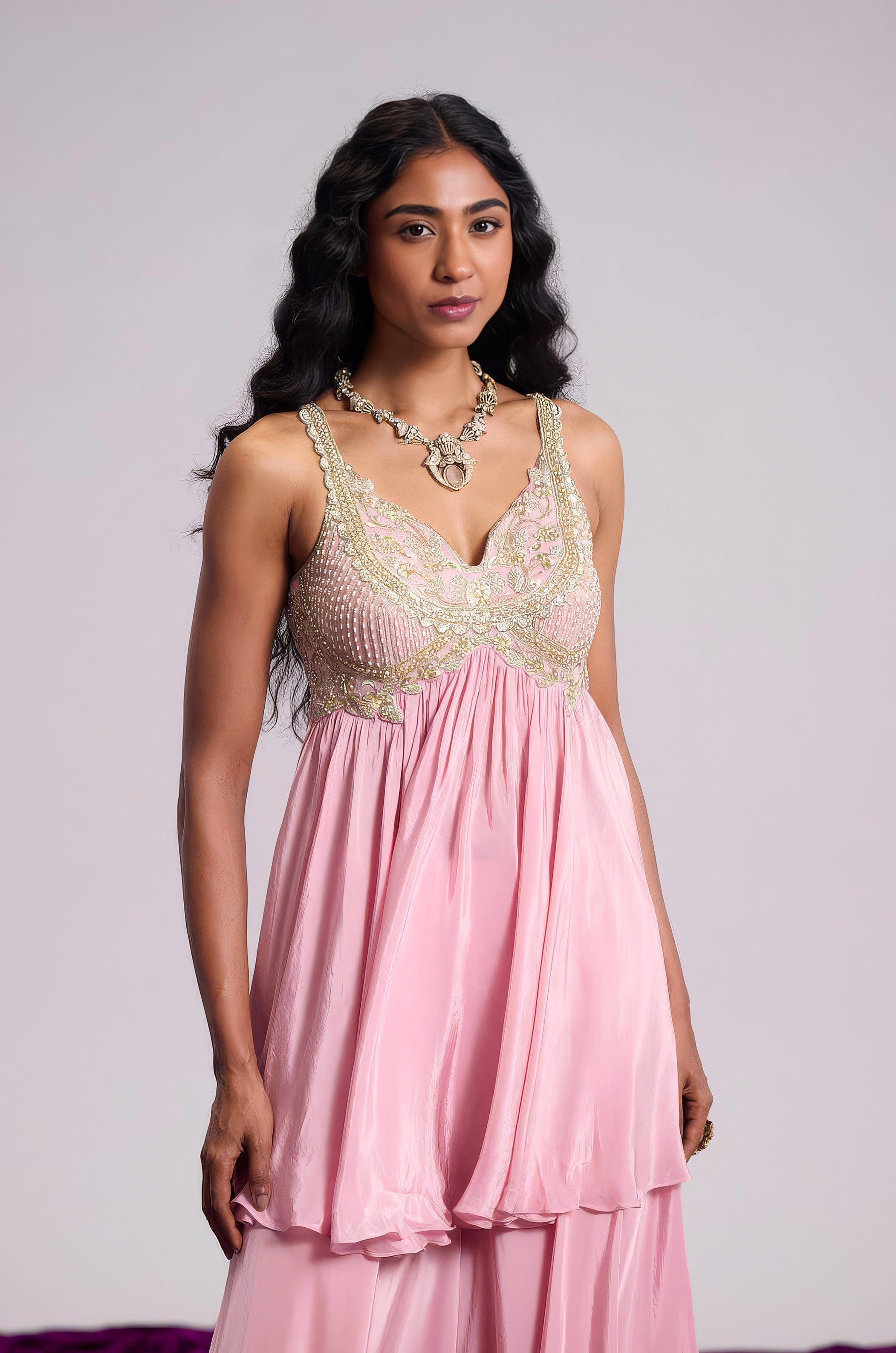 Petal Pink Embellished Satin Silk palazzo Set