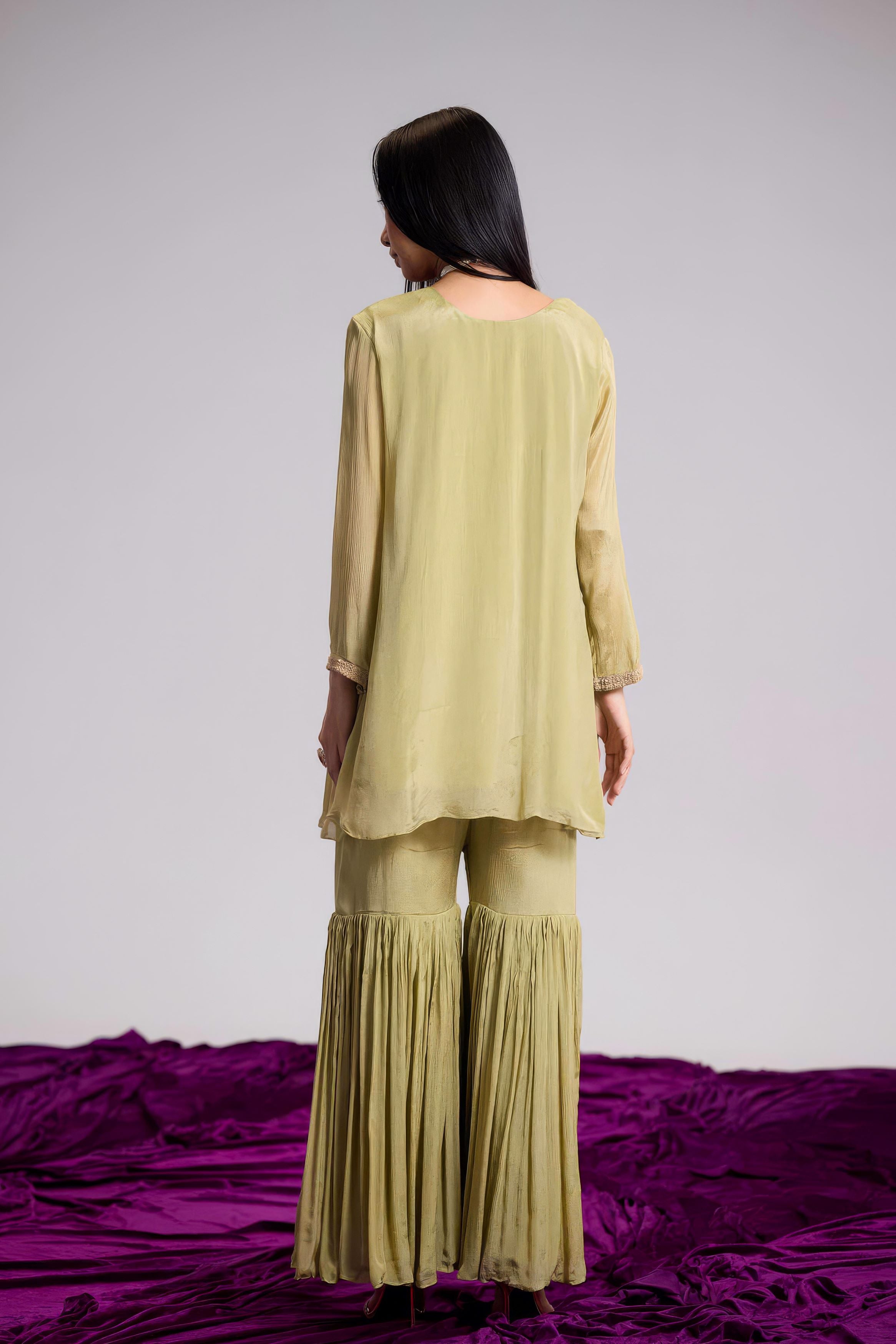 Light Green Embellished Chinon Silk Sharara Set