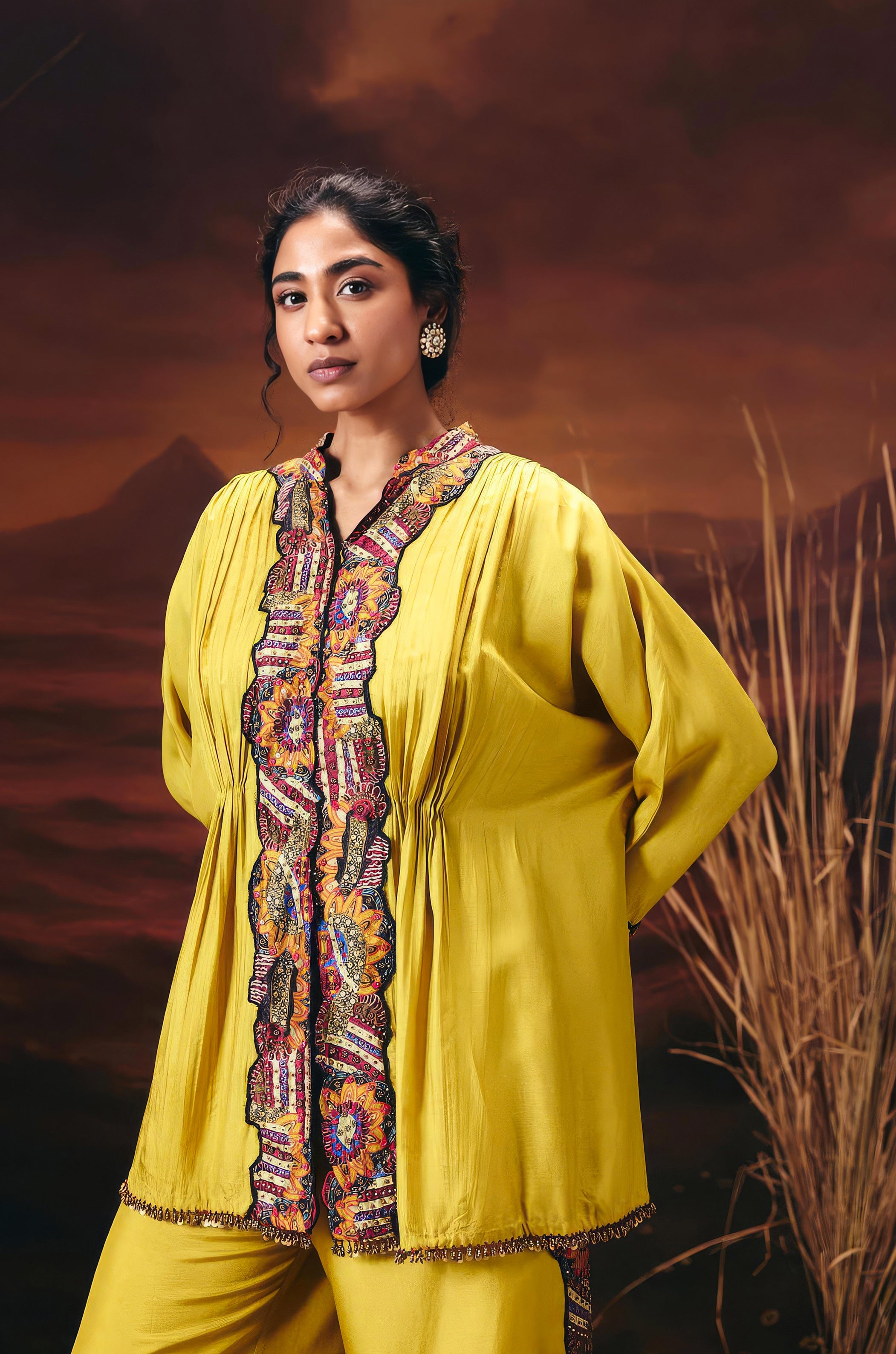 Mustard Yellow Embellished Chinon Silk Kaftan Set