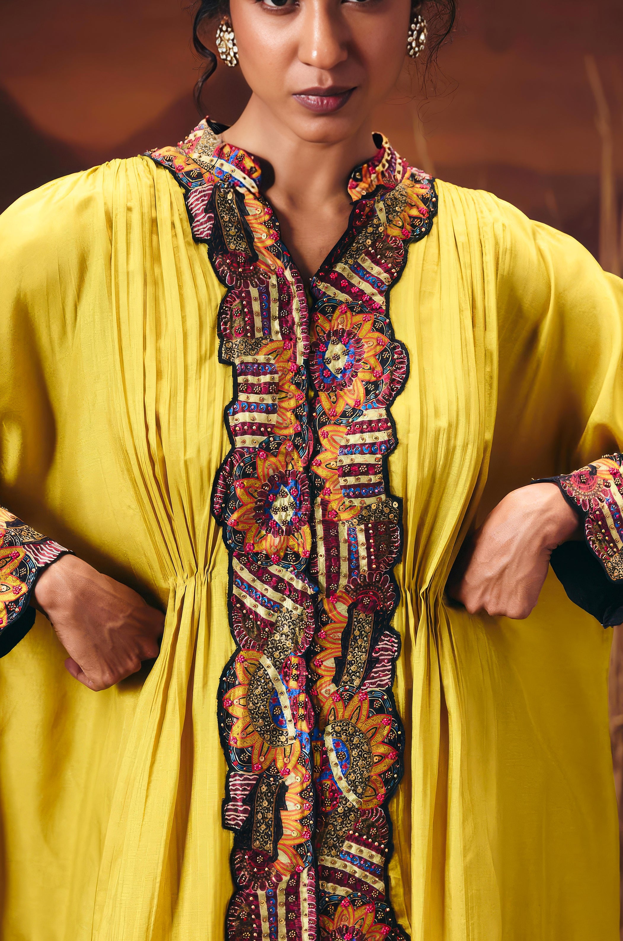 Mustard Yellow Embellished Chinon Silk Kaftan Set