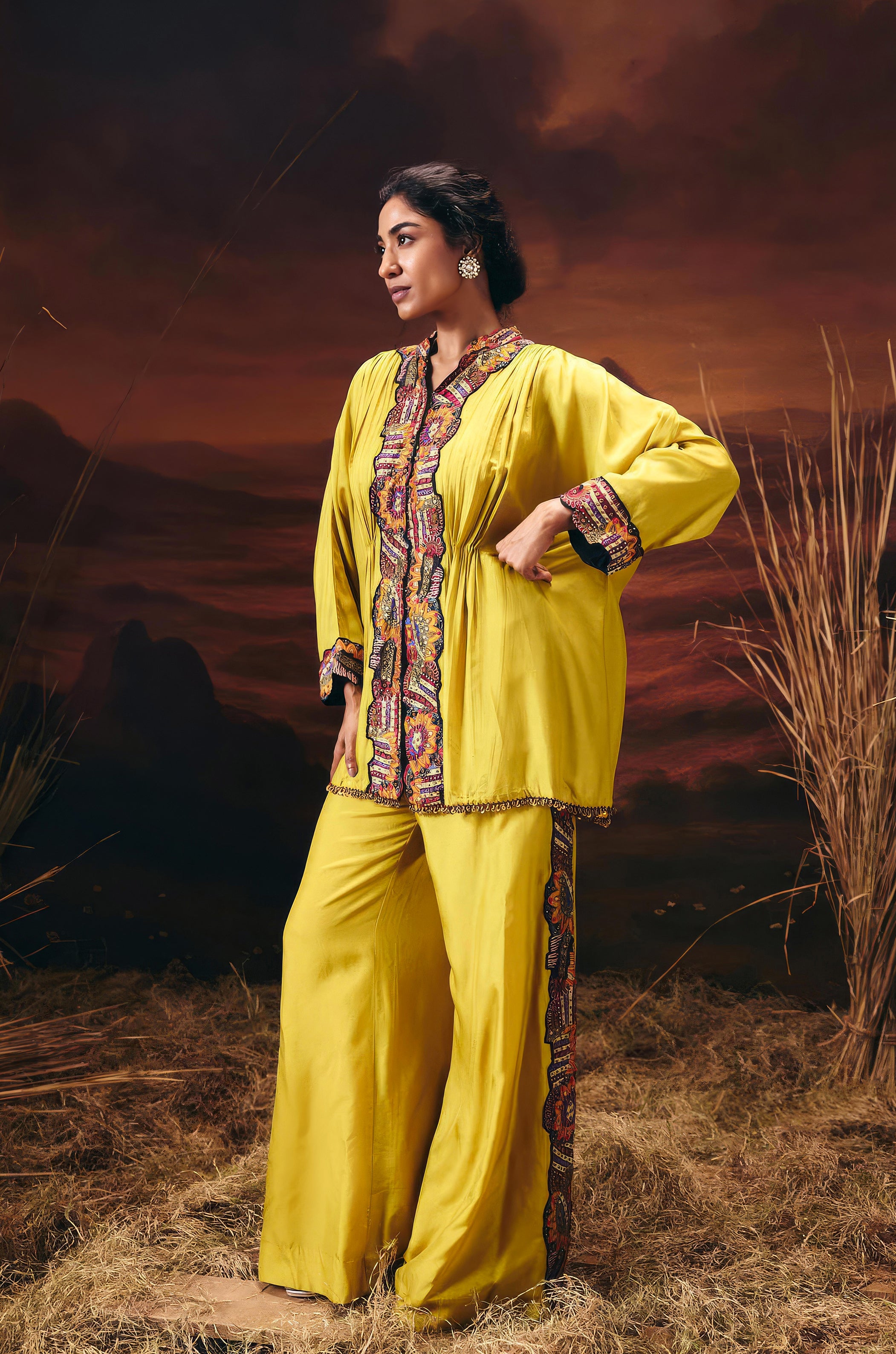 Mustard Yellow Embellished Chinon Silk Kaftan Set