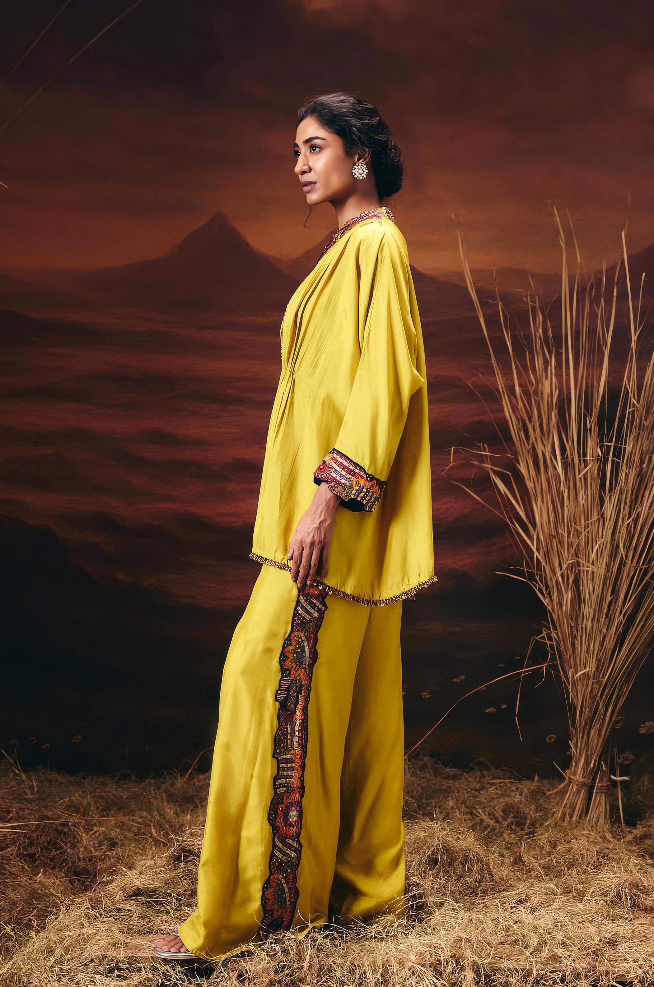 Mustard Yellow Embellished Chinon Silk Kaftan Set