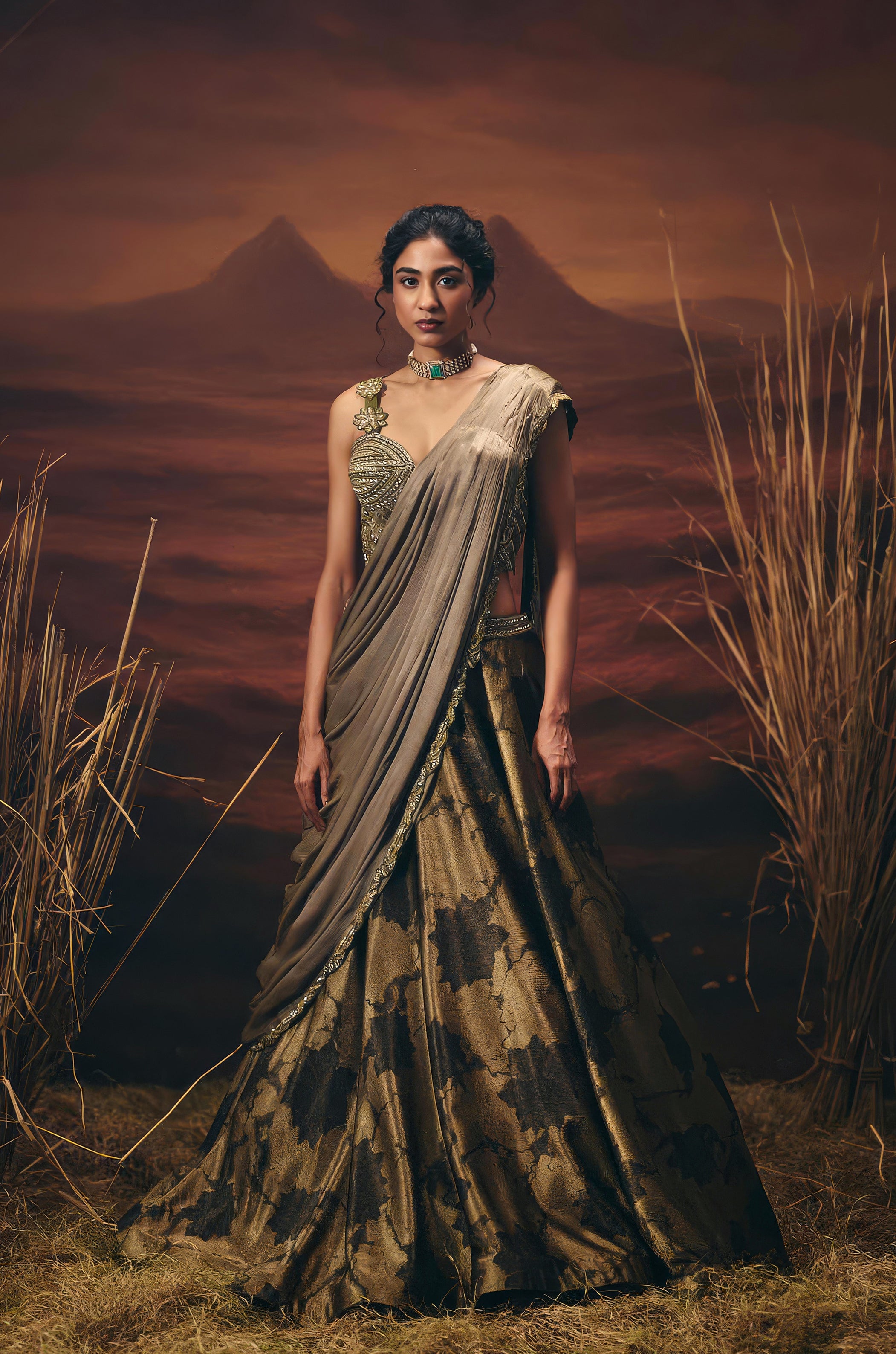 Olive Bronze Embellished Tissue Paper Silk Lehenga Set