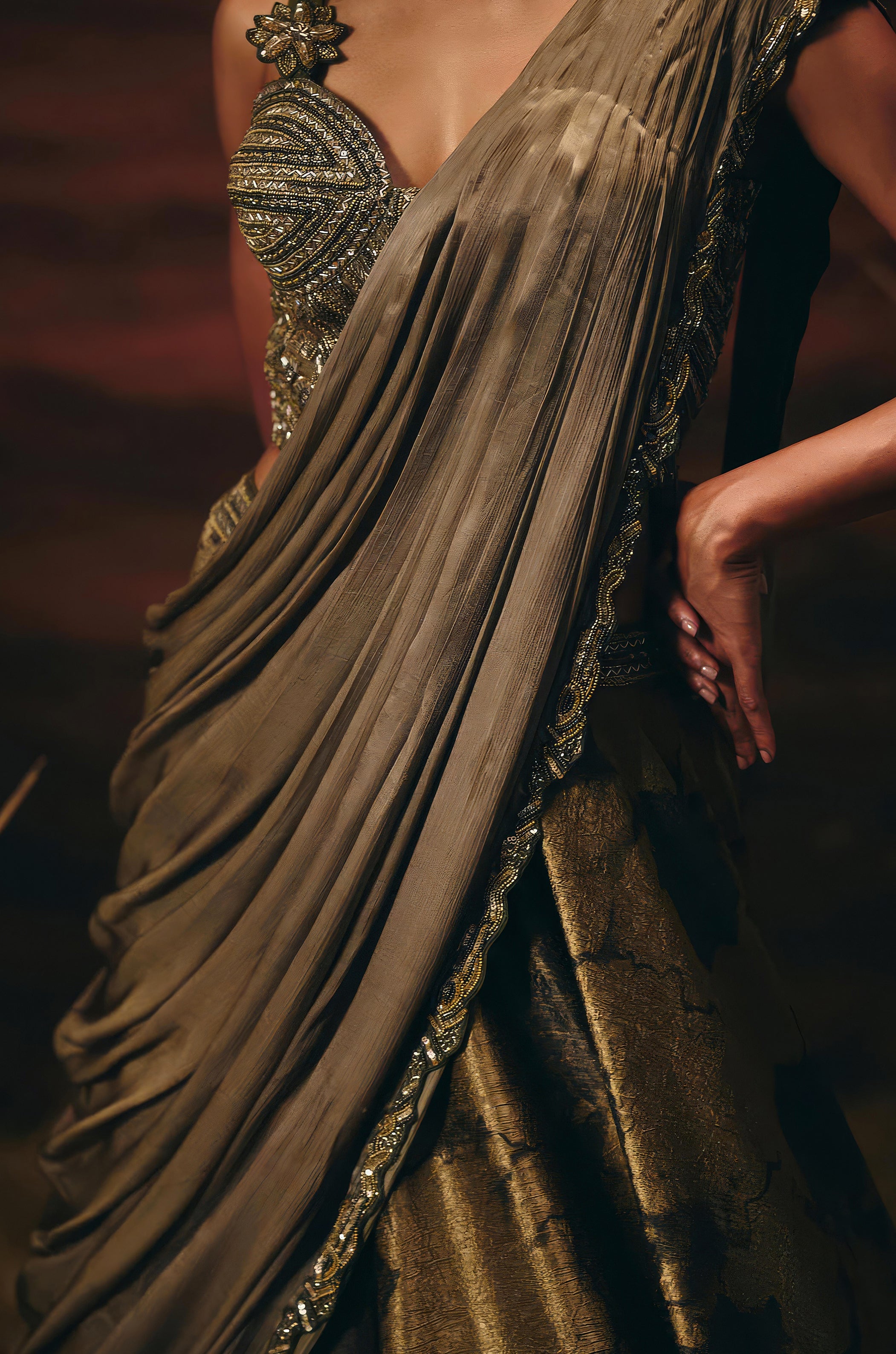 Olive Bronze Embellished Tissue Paper Silk Lehenga Set