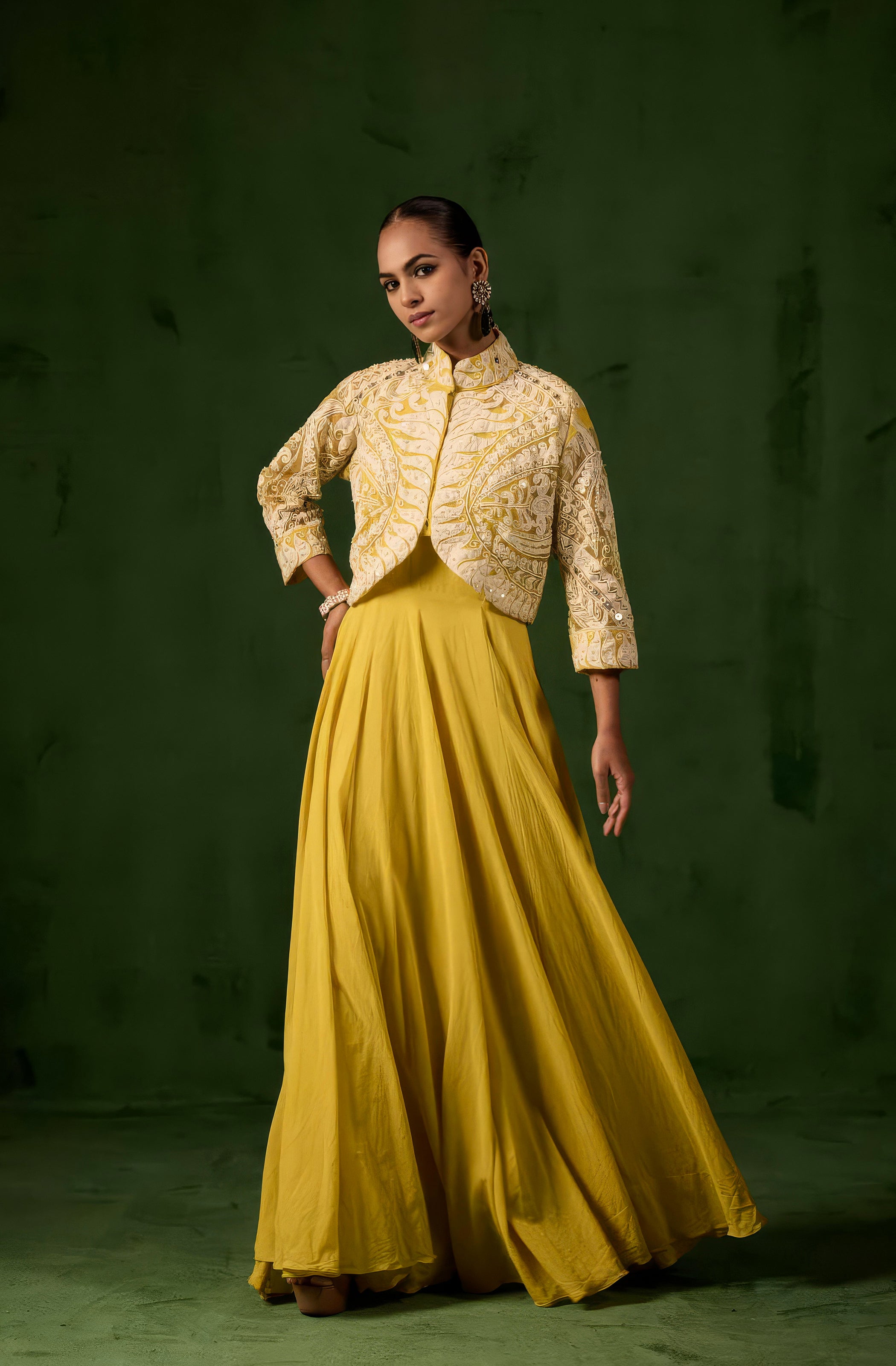Sunflower Yellow Embellished Organic Cotton Gown Set