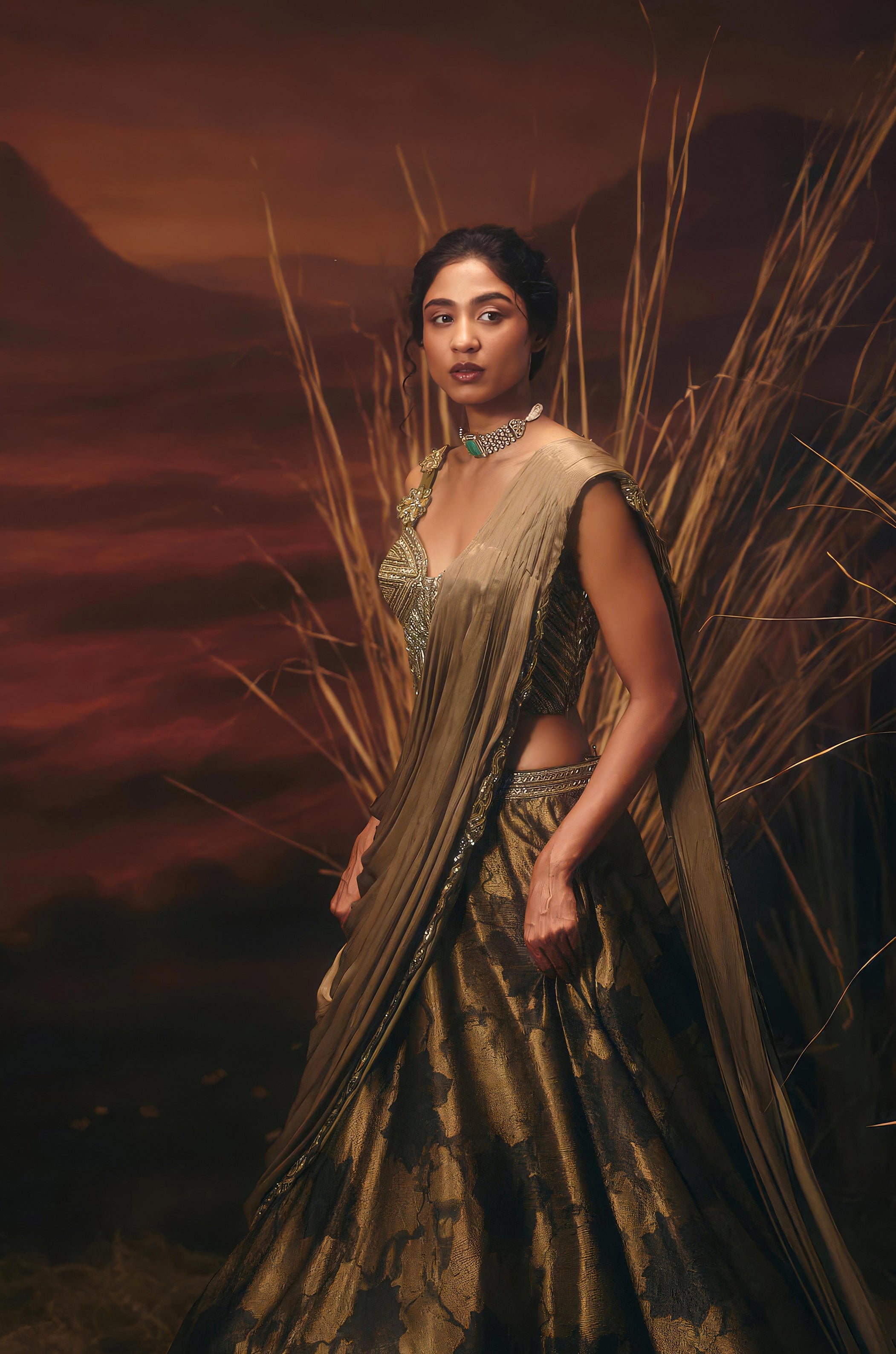 Olive Bronze Embellished Tissue Paper Silk Lehenga Set