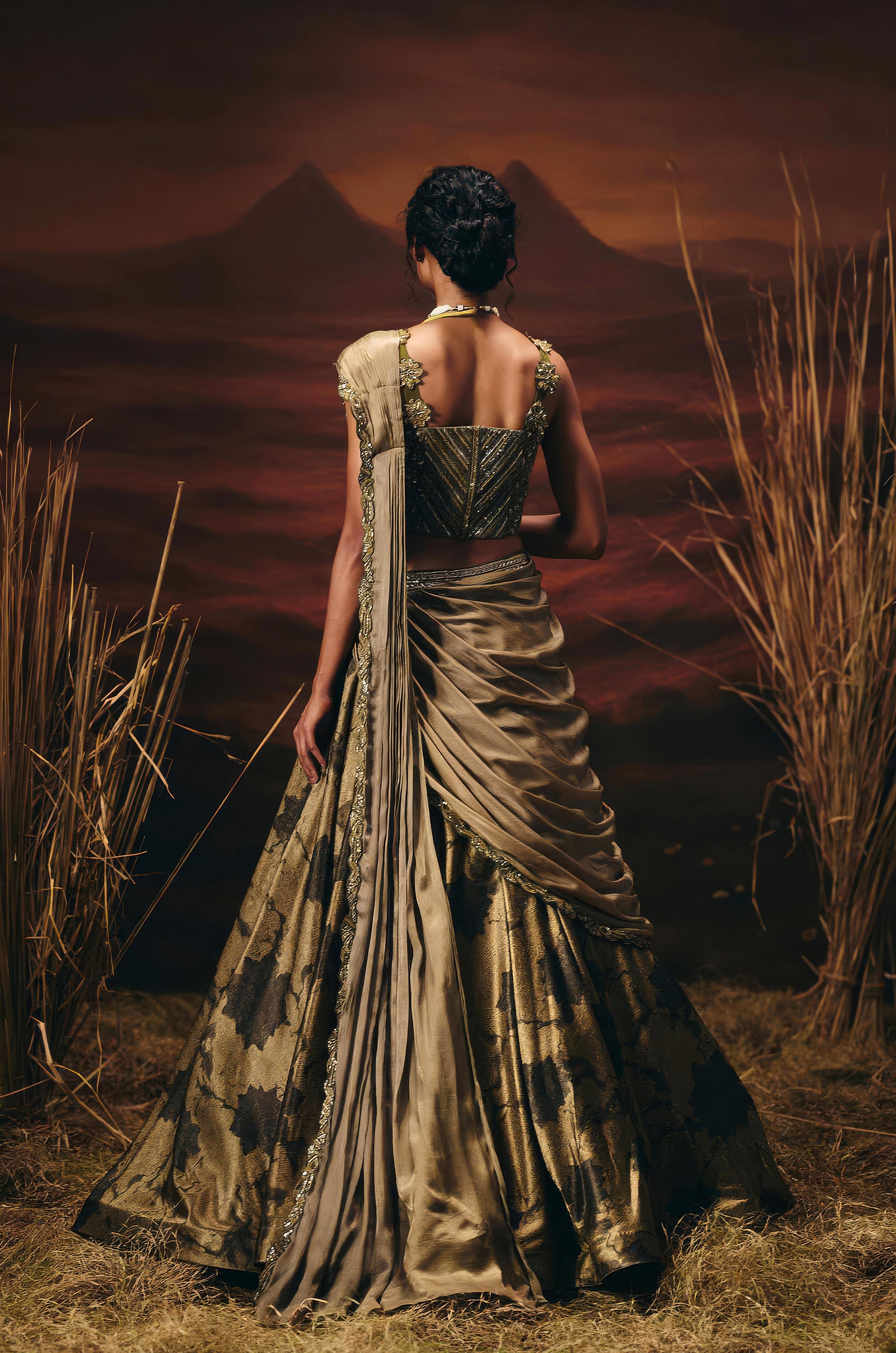 Olive Bronze Embellished Tissue Paper Silk Lehenga Set