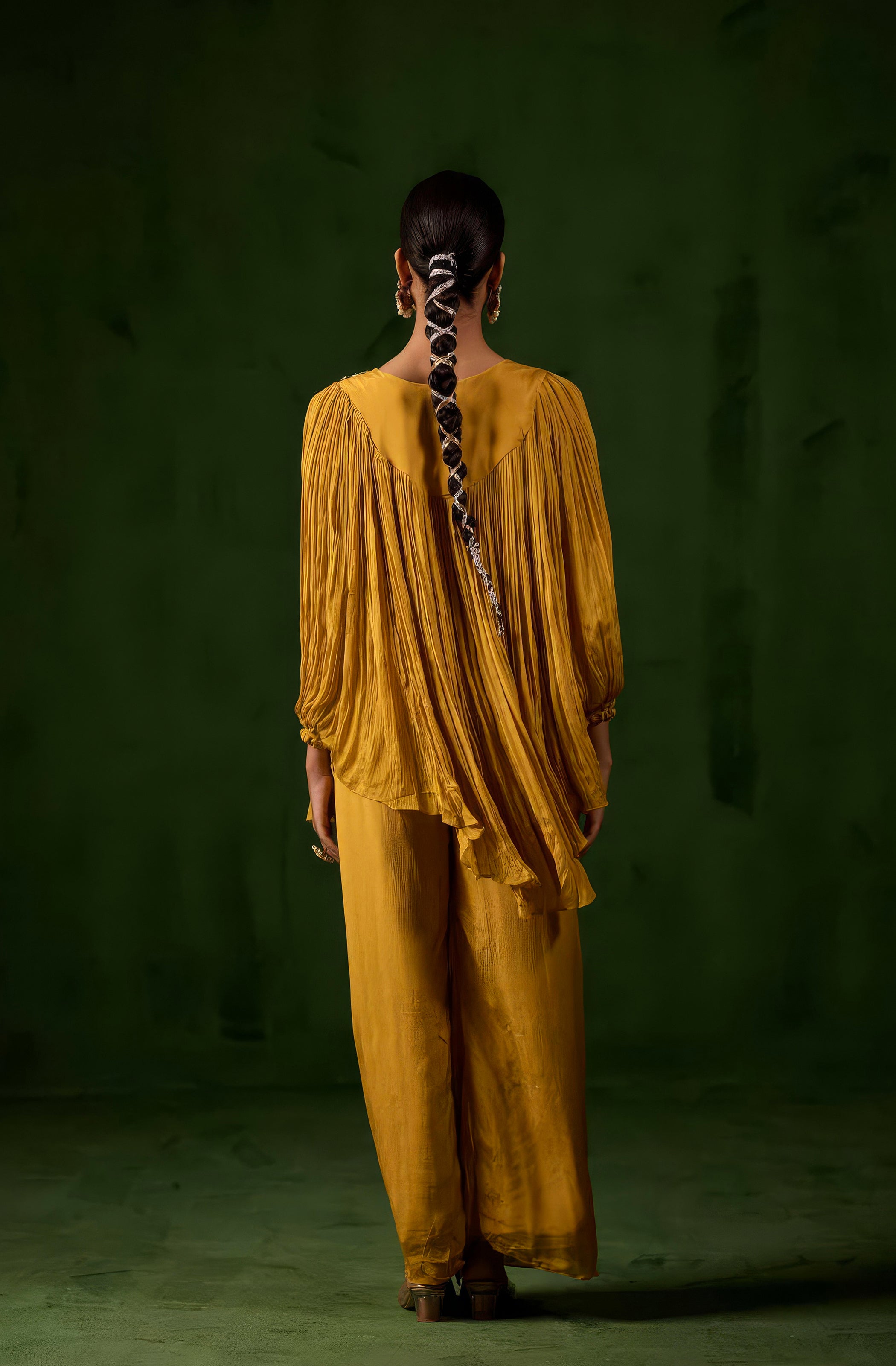 Honey Gold Embellished Chinon Silk Kaftan Co-Ord Set