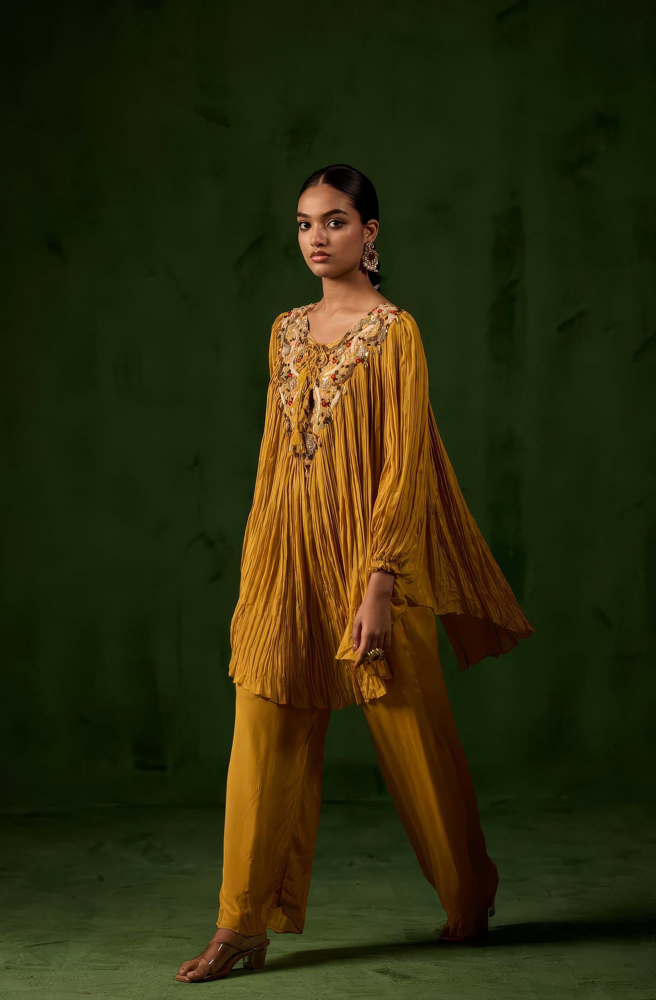 Honey Gold Embellished Chinon Silk Kaftan Co-Ord Set