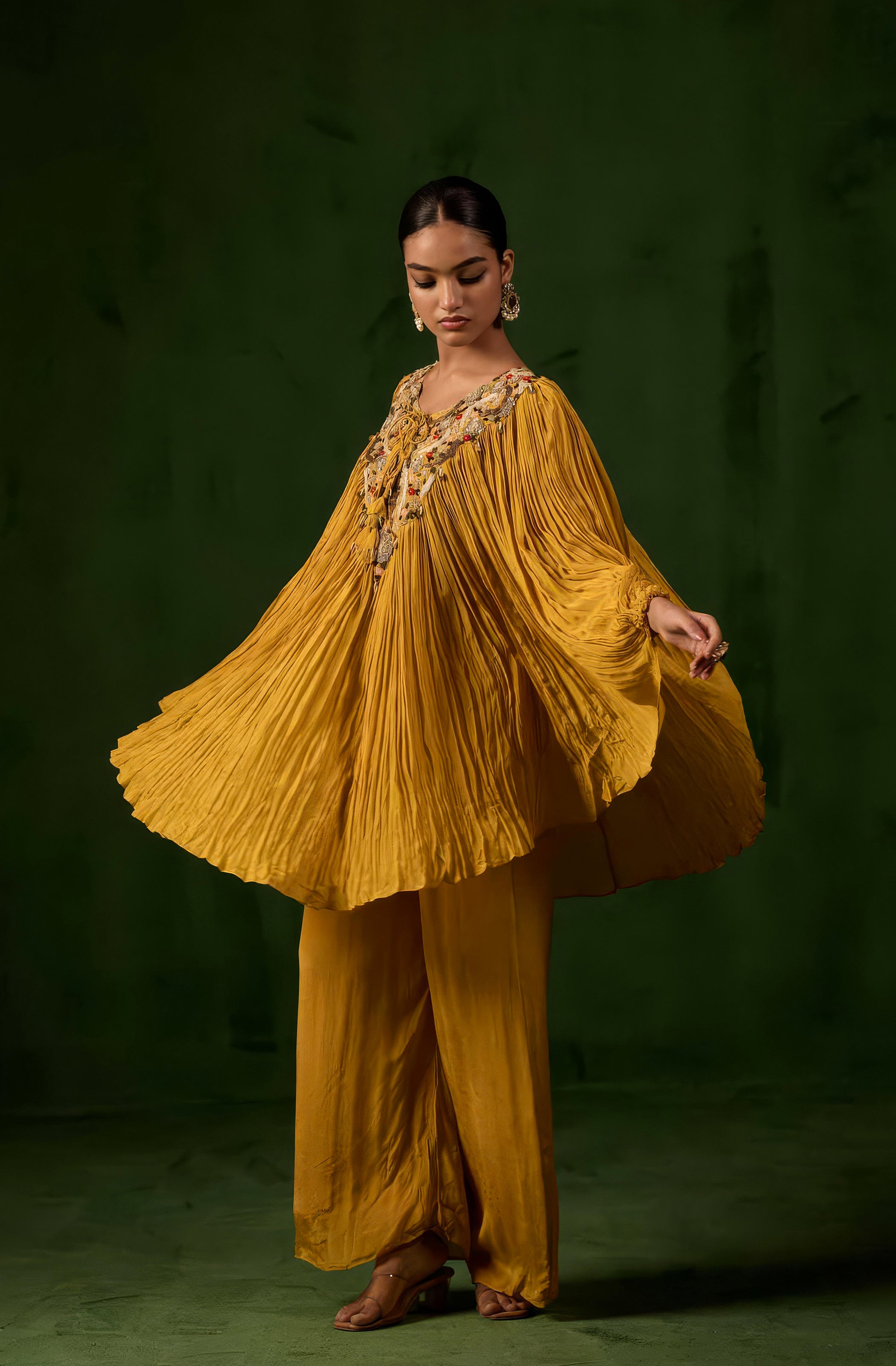 Honey Gold Embellished Chinon Silk Kaftan Co-Ord Set