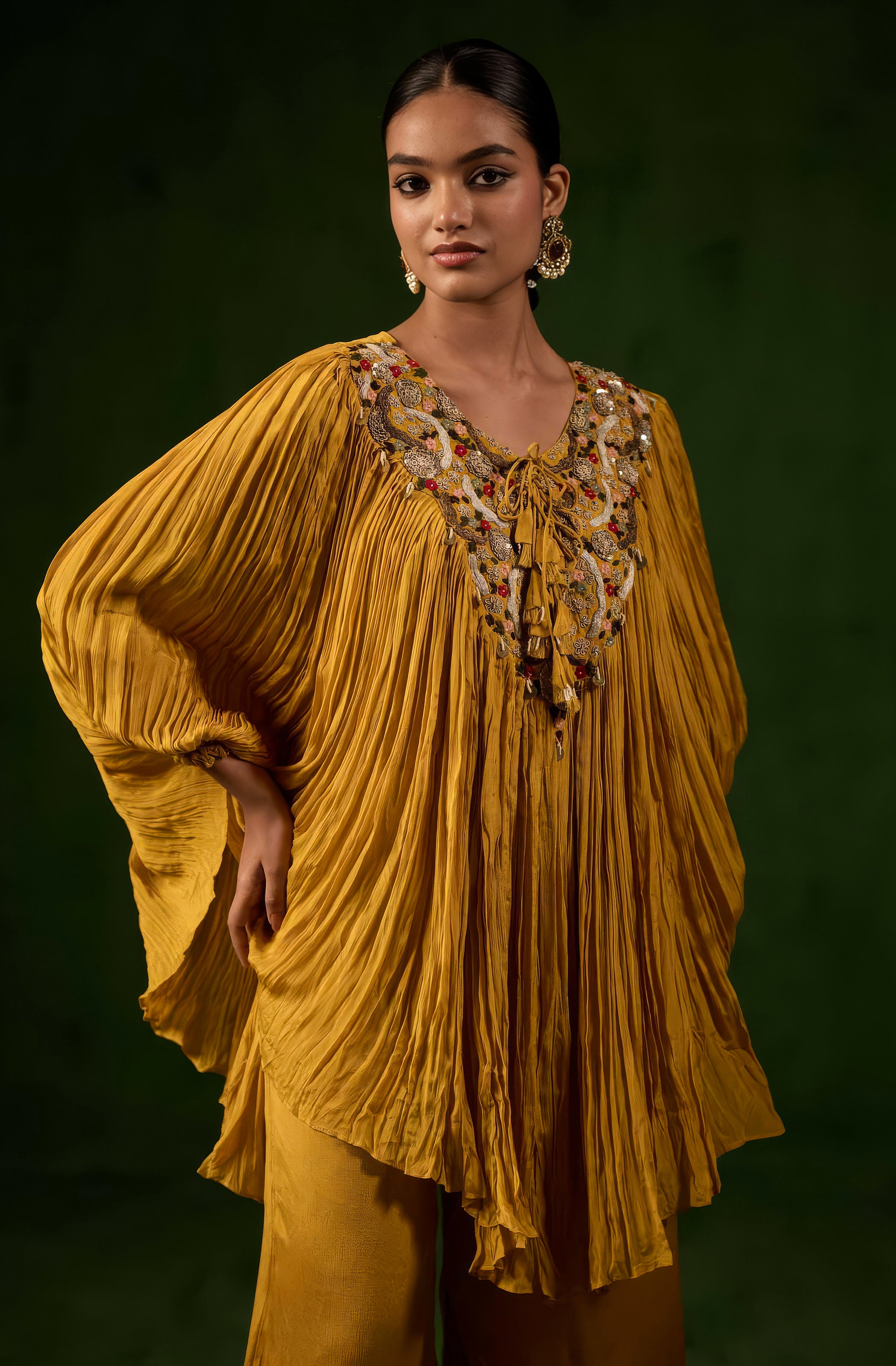 Honey Gold Embellished Chinon Silk Kaftan Co-Ord Set