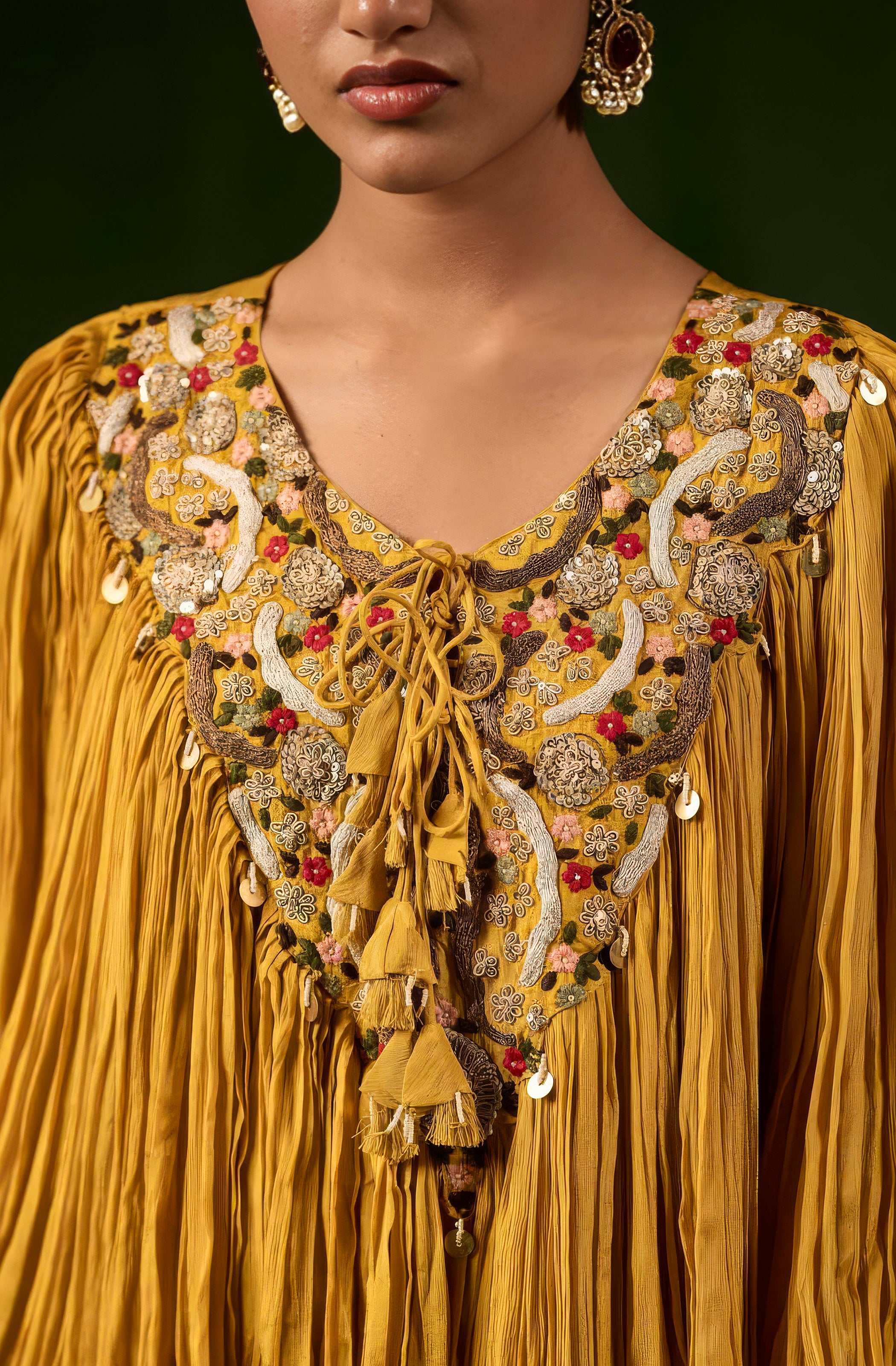 Honey Gold Embellished Chinon Silk Kaftan Co-Ord Set
