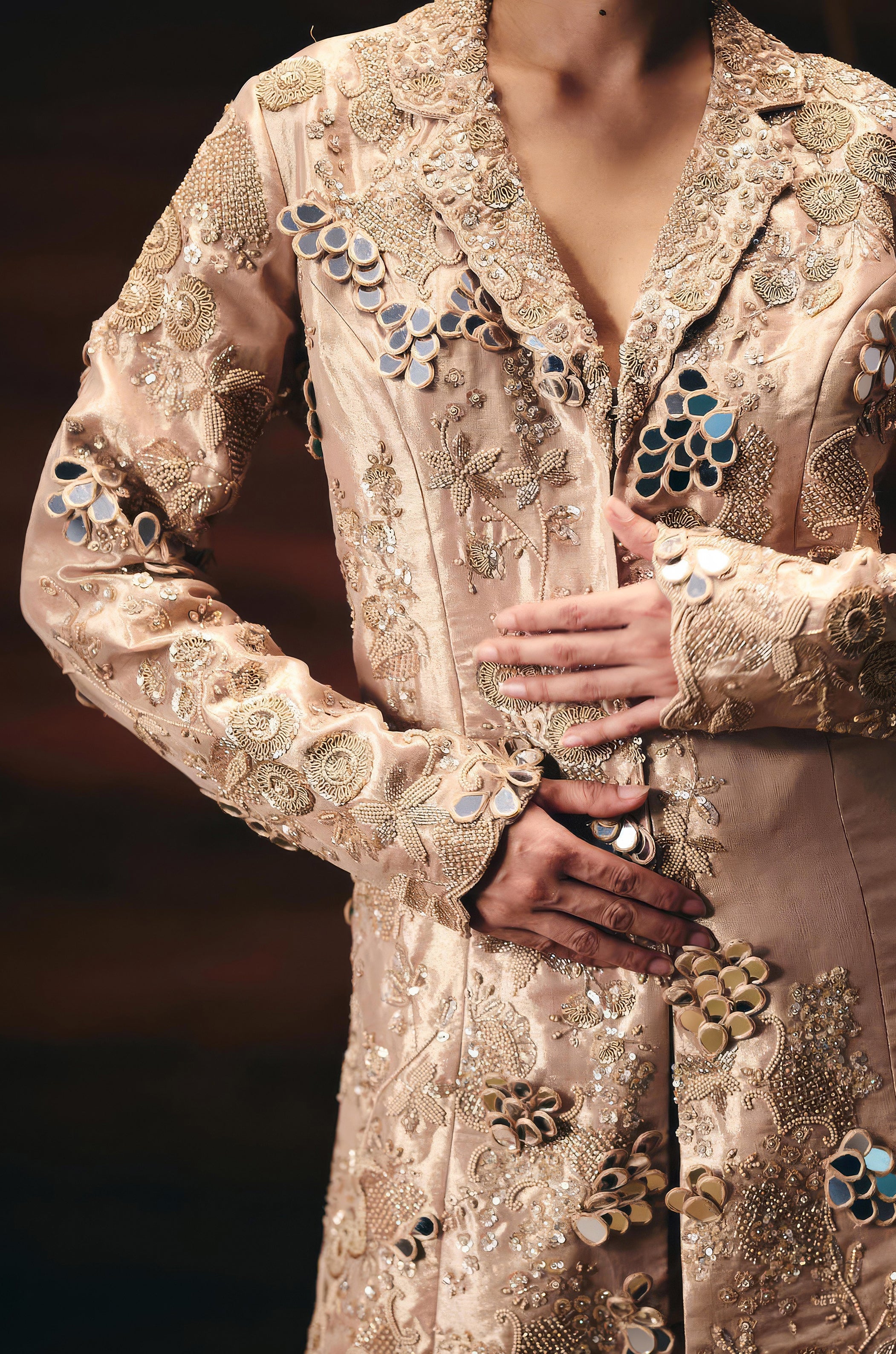 Dusty Beige Embellished Shimmer Tissue Silk Sharara Set