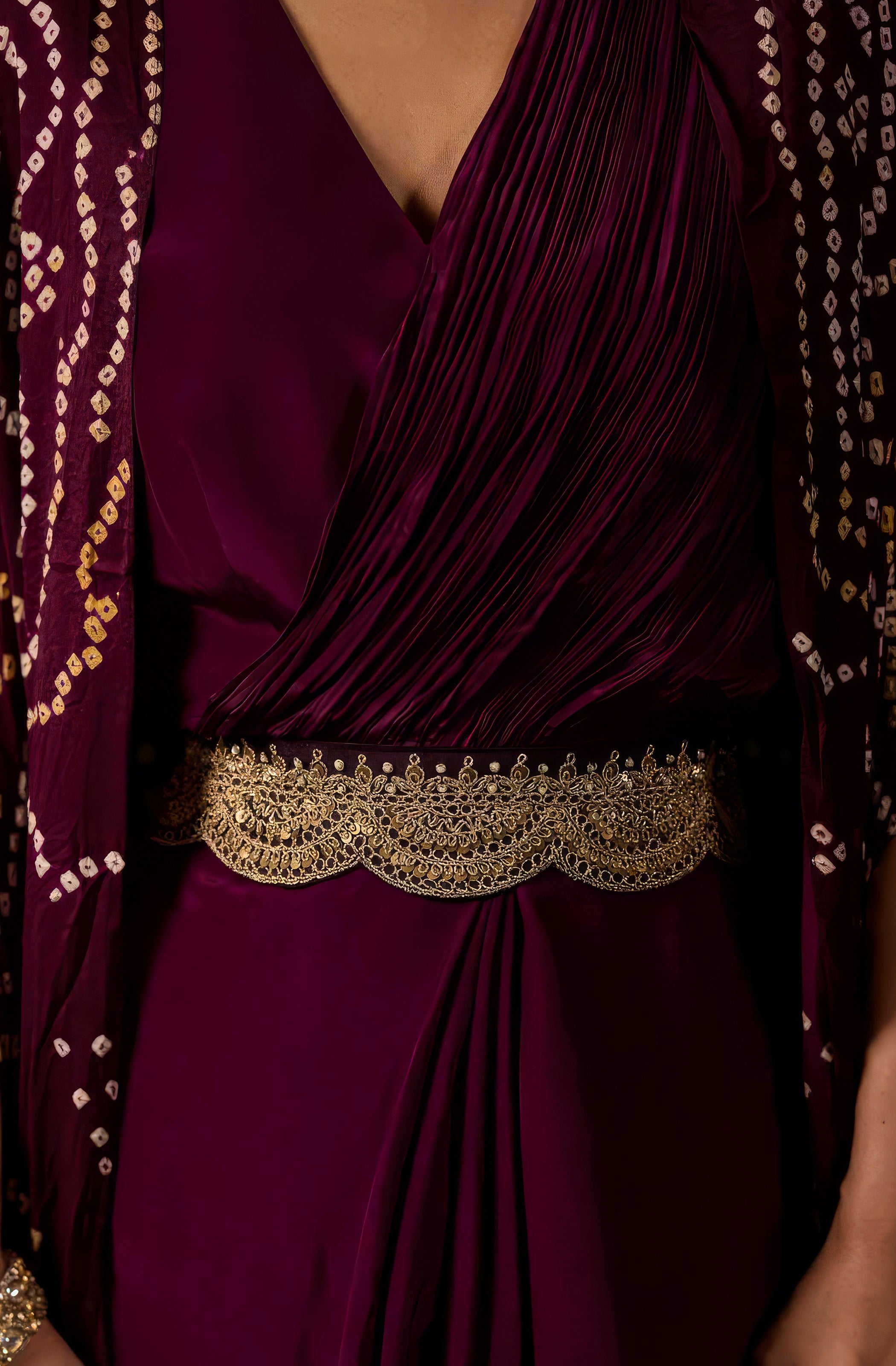 Wine Purple Embellished Satin Silk Draped Gown
