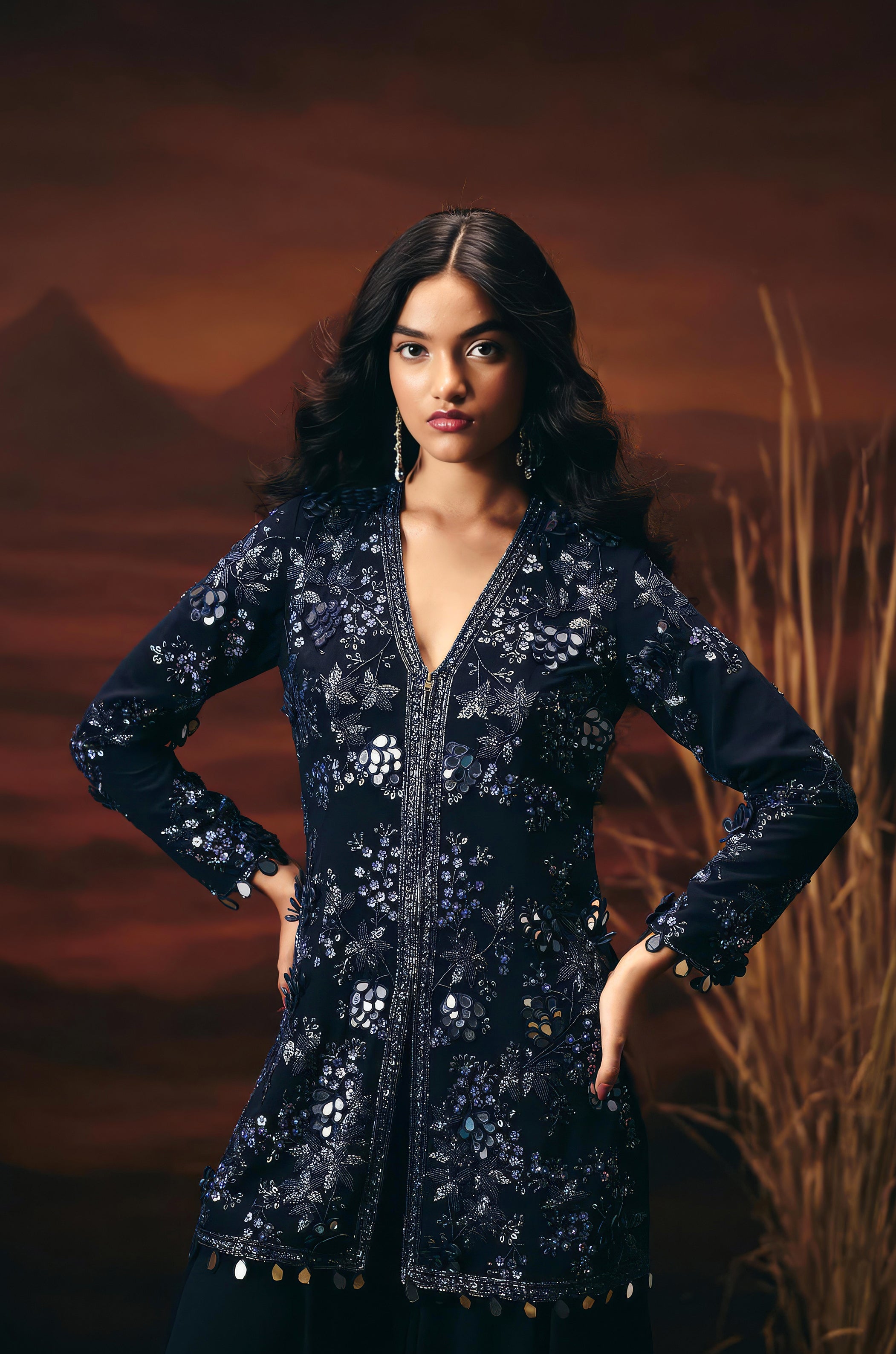 Twilight Blue Embellished Georgette Silk Sharara Set