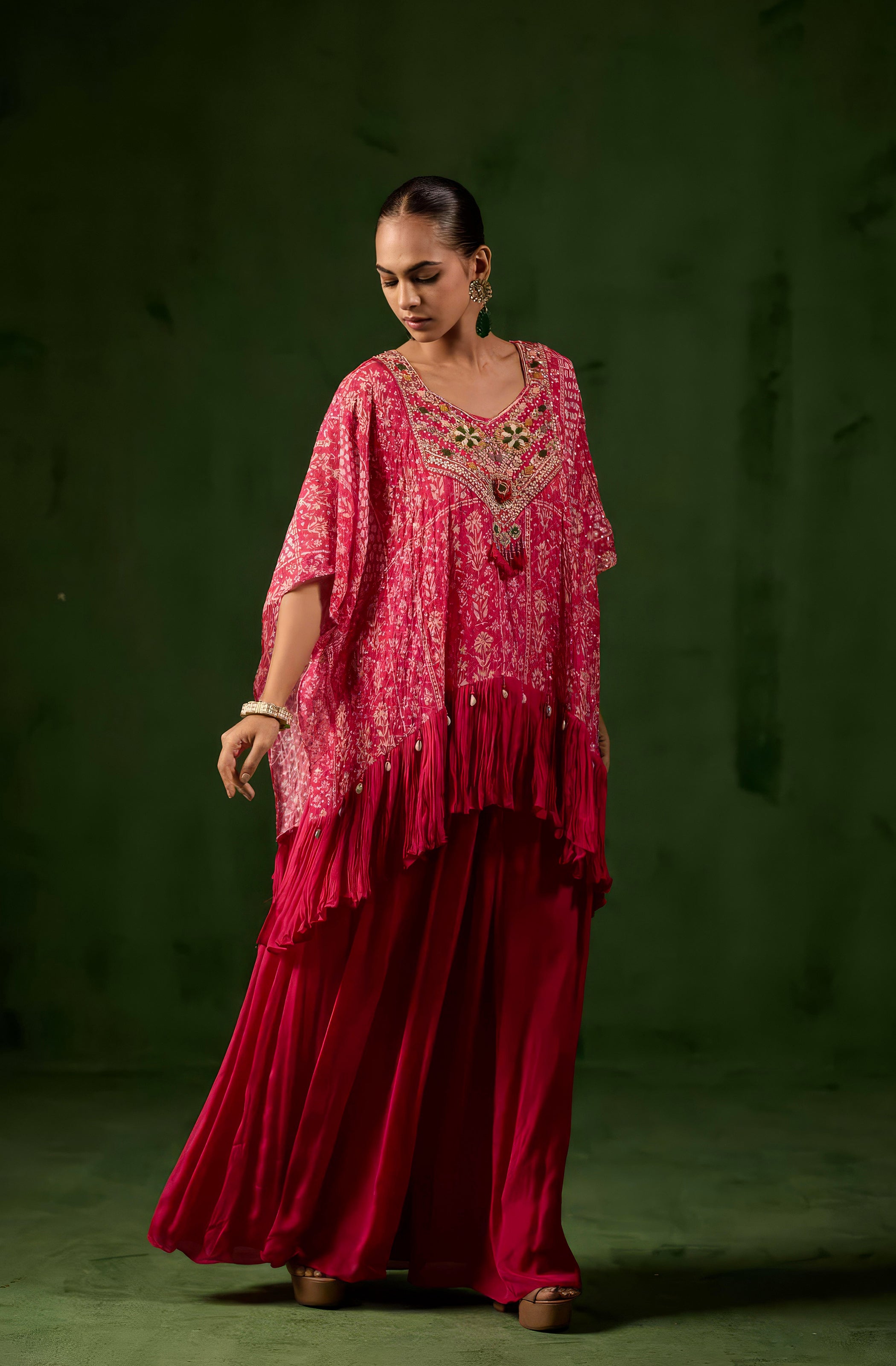 Wine Pink Embellished Chinon Silk Kaftan Set