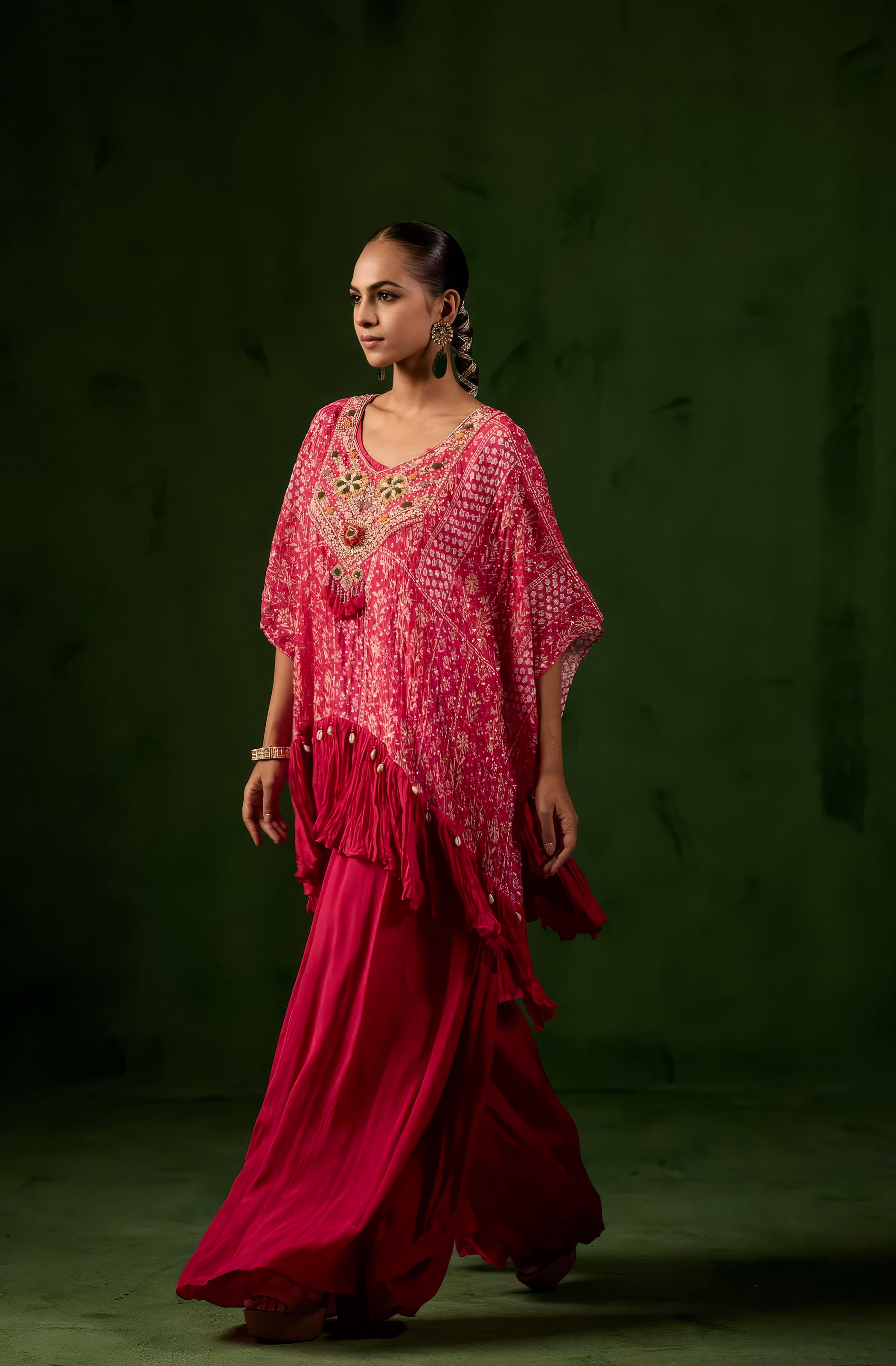 Wine Pink Embellished Chinon Silk Kaftan Set