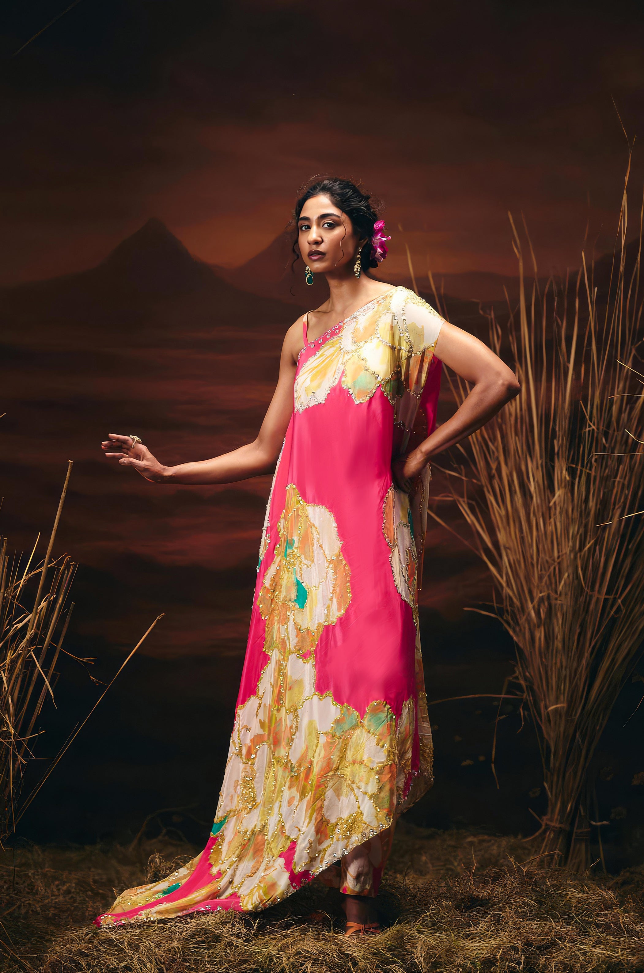 Flamingo Pink Embellished Satin Silk Kaftan Set