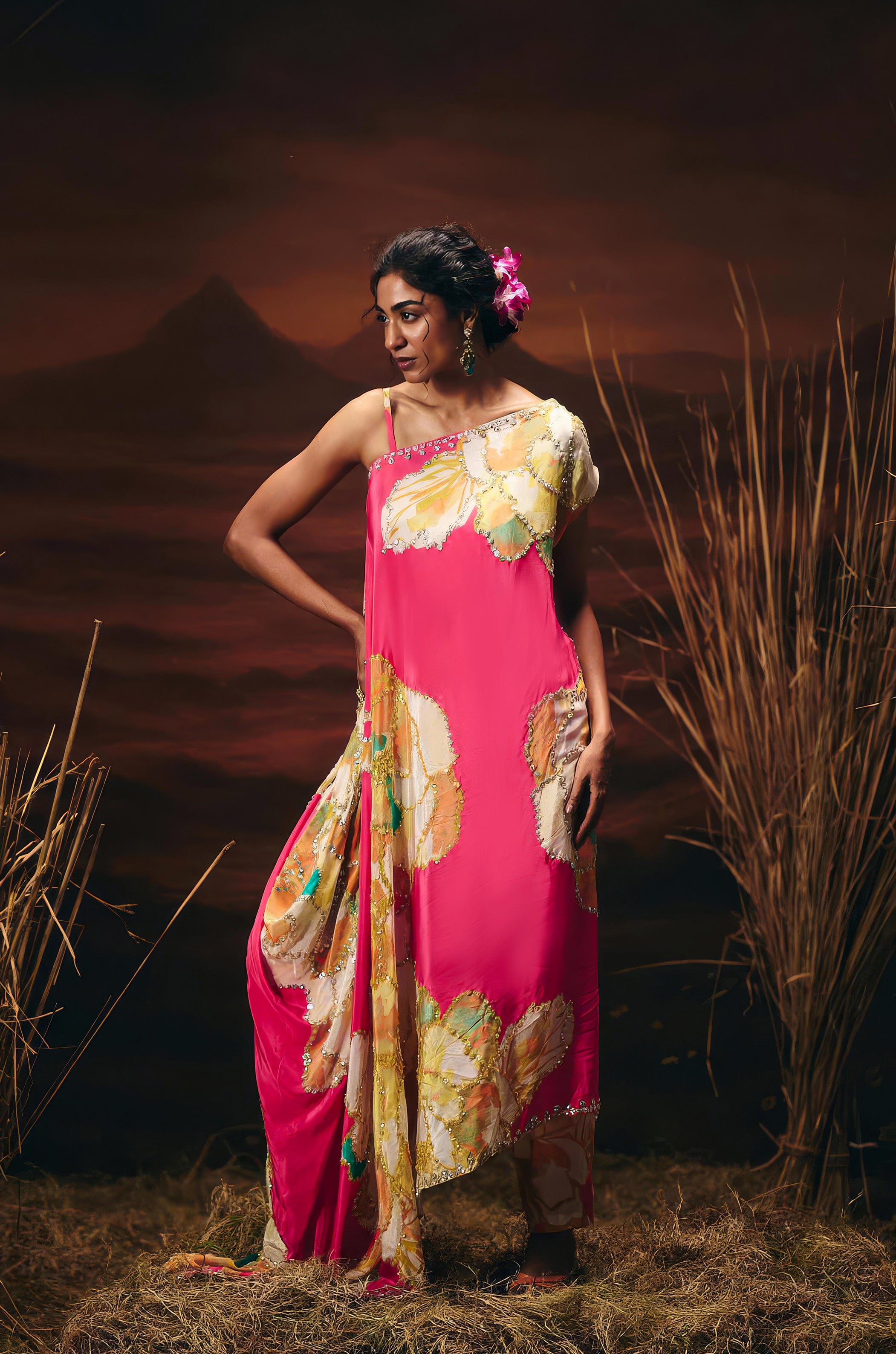 Flamingo Pink Embellished Satin Silk Kaftan Set