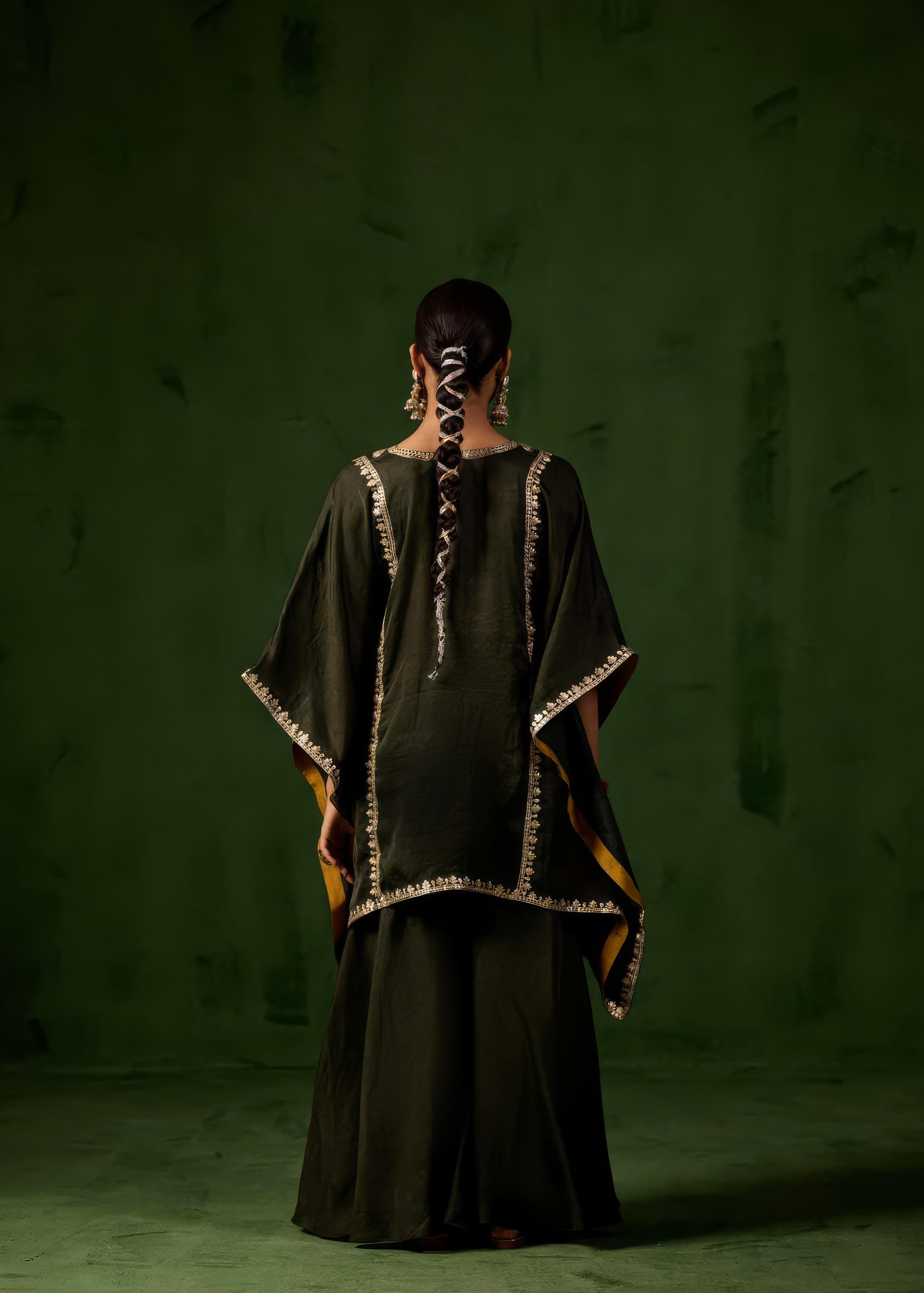 Deep Green Embellished Premium Silk Kaftan Set